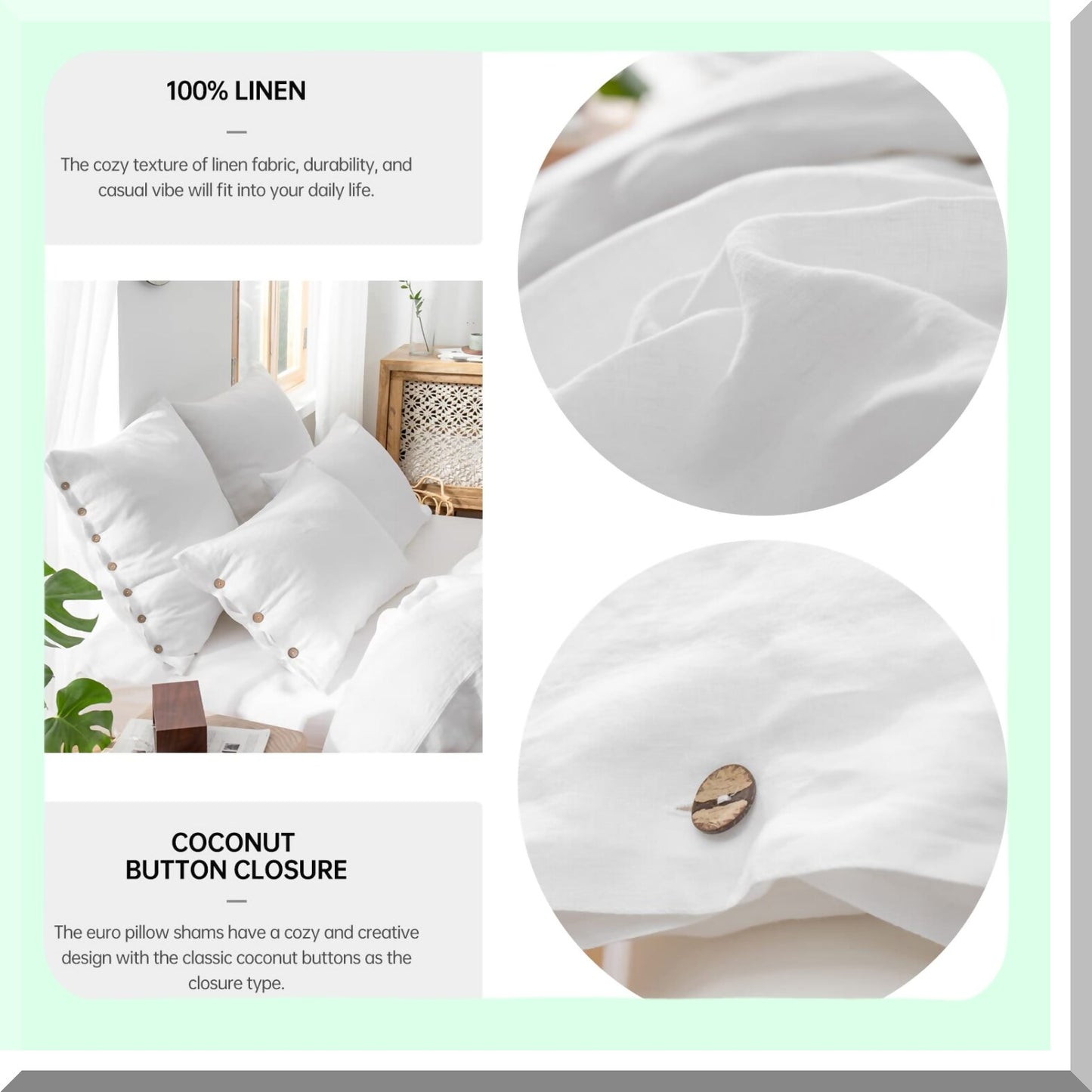 Pure Linen Buttoned Euro Shams - Set of 2 White - 26x26 Inch Decorative Pillow Covers - Washed Linen Bed Pillow Shams - Coconut Button Closure
