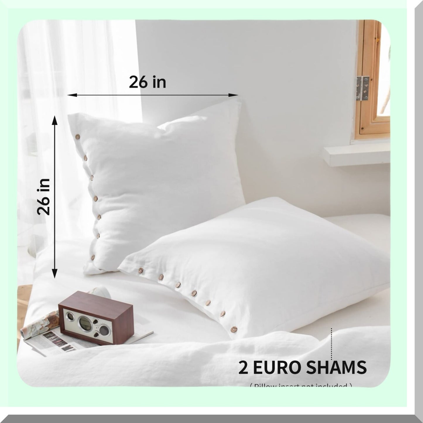 Pure Linen Buttoned Euro Shams - Set of 2 White - 26x26 Inch Decorative Pillow Covers - Washed Linen Bed Pillow Shams - Coconut Button Closure