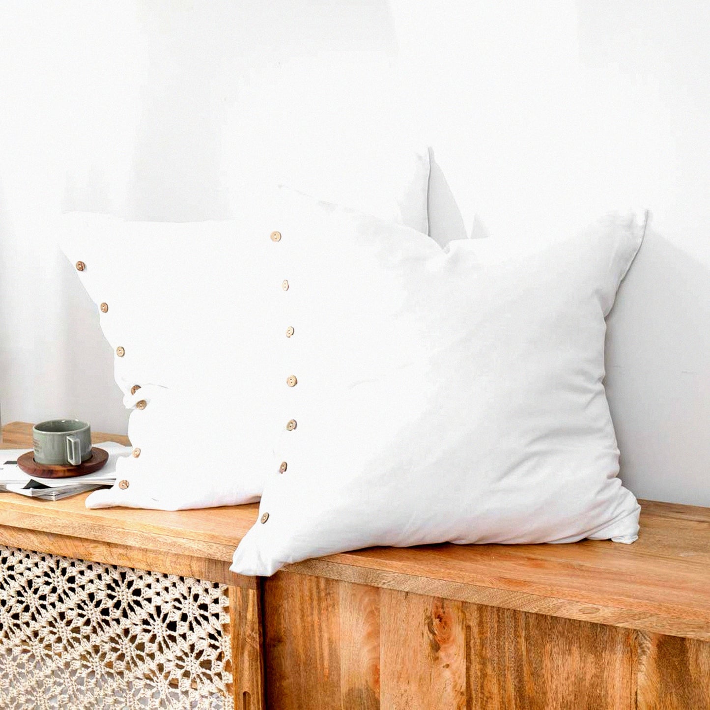 Pure Linen Buttoned Euro Shams - Set of 2 White - 26x26 Inch Decorative Pillow Covers - Washed Linen Bed Pillow Shams - Coconut Button Closure