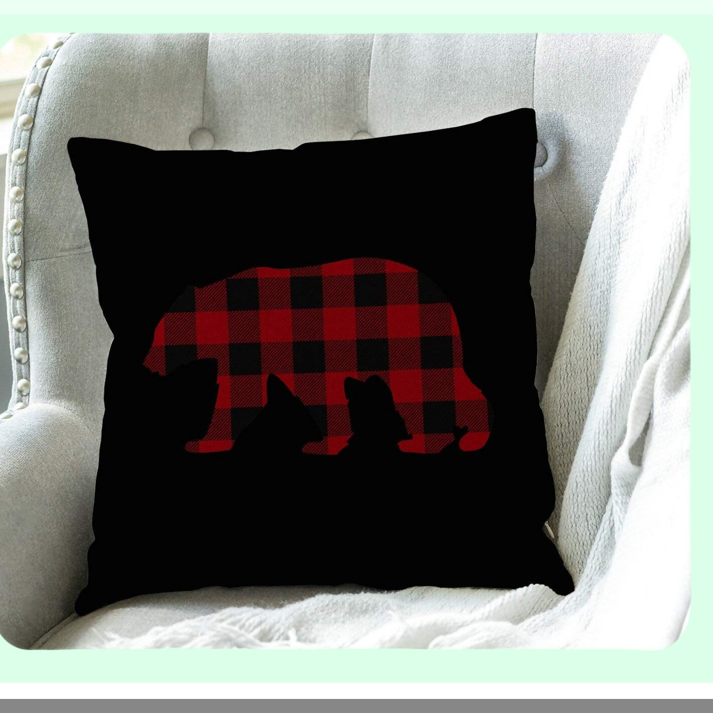 Rustic Buffalo Check Bear Pillow Cover - Farmhouse Decor Accent for Cozy Home - Red Plaid Farmhouse Pillow Case - Cabin Chic Cushion Cover