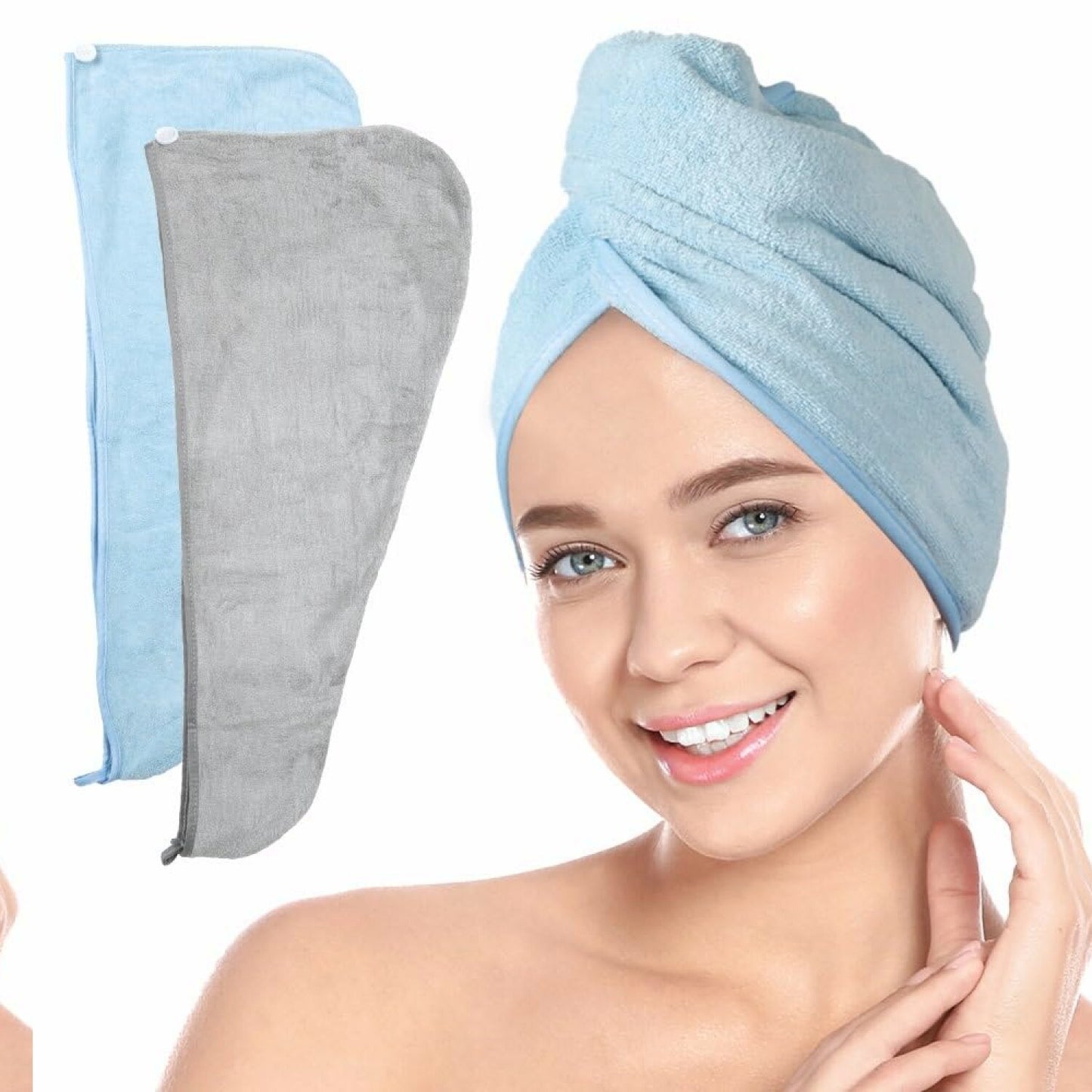 Microfiber Hair Towel Wrap 2-Pack, 10" x 26", Cool Grey & Sky Blue