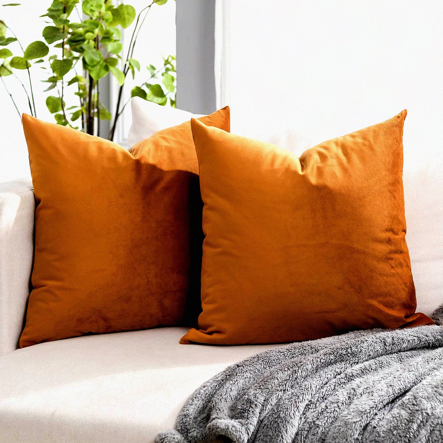 Luxury Velvet Burnt Orange Throw Pillow Covers - Set of 2 28x28 inch - Solid Square Cushion Cases for Sofa Couch Bed - Living Room Decor Zippered Cases