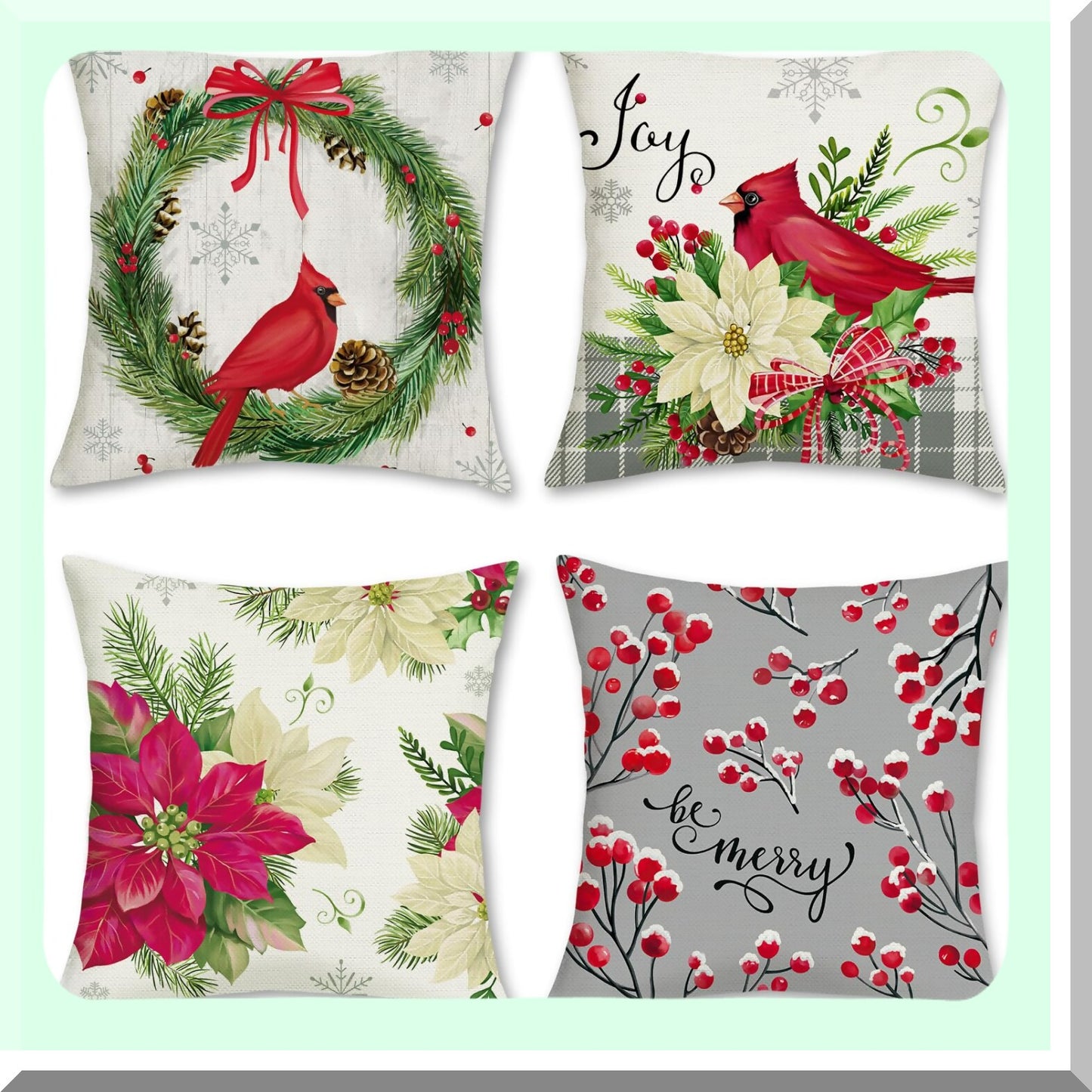 Winter Cardinal Poinsettia Pillow Covers - Set of 4, 18x18 Inch Floral Decor for Sofa Couch, Holiday Throw Pillows