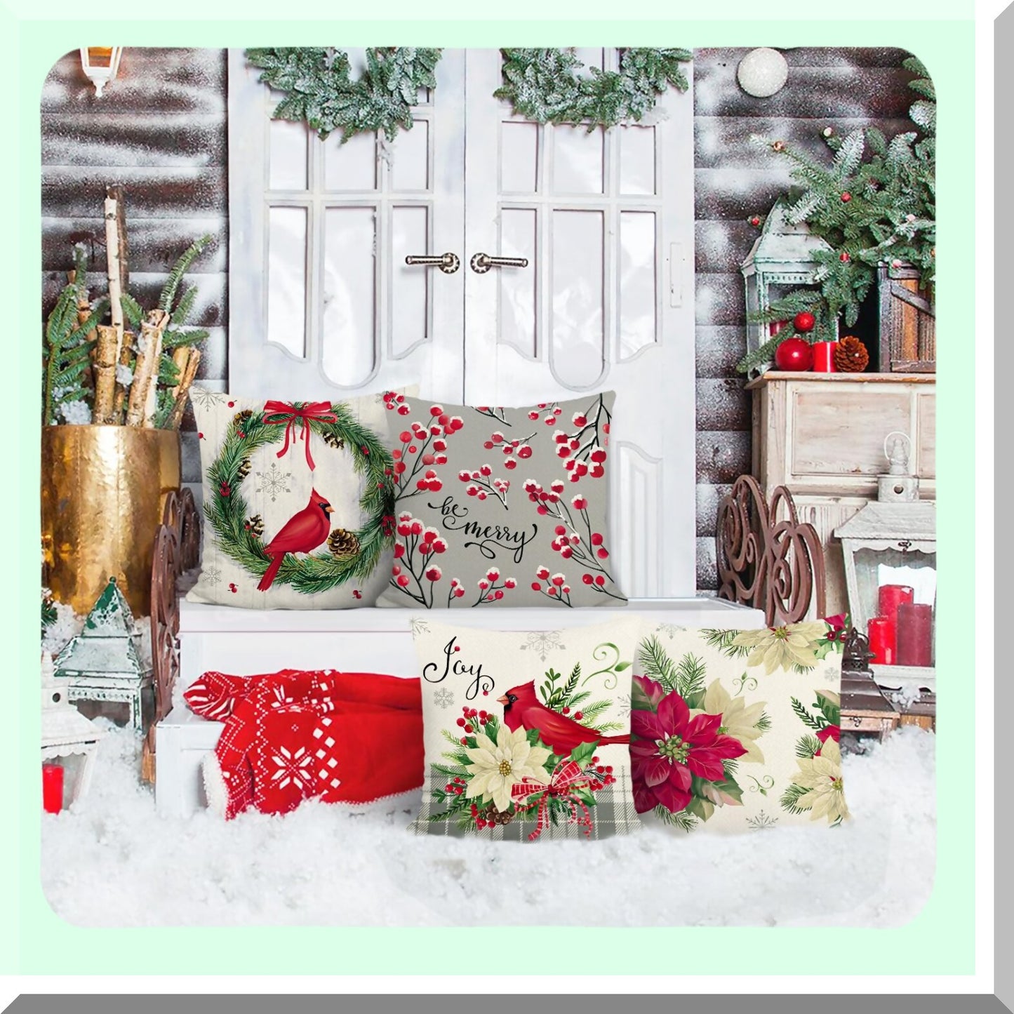 Winter Cardinal Poinsettia Pillow Covers - Set of 4, 18x18 Inch Floral Decor for Sofa Couch, Holiday Throw Pillows