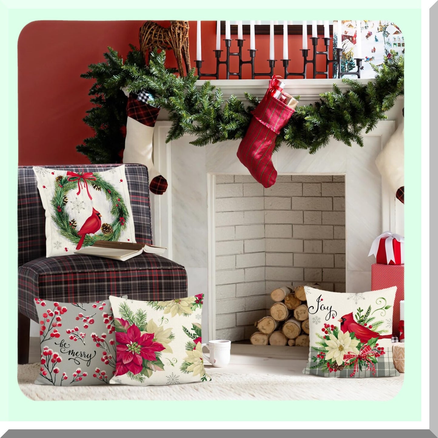 Winter Cardinal Poinsettia Pillow Covers - Set of 4, 18x18 Inch Floral Decor for Sofa Couch, Holiday Throw Pillows
