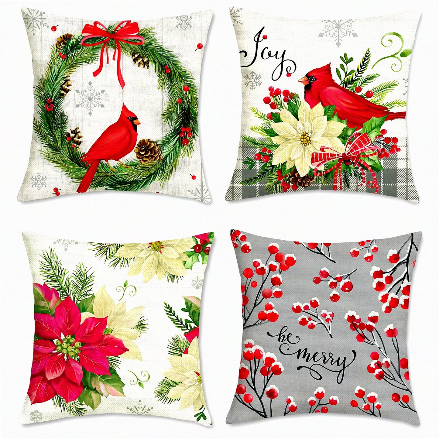 Winter Cardinal Poinsettia Pillow Covers - Set of 4, 18x18 Inch Floral Decor for Sofa Couch, Holiday Throw Pillows