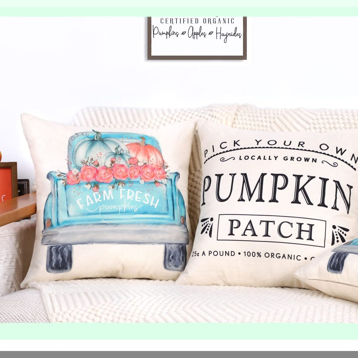 Autumn Harvest Pillow Covers Set - White Pumpkin Farmhouse Decor - Fall Thanksgiving Cushion Cases - Home Decorative Throw Pillows - 18x18 Pack