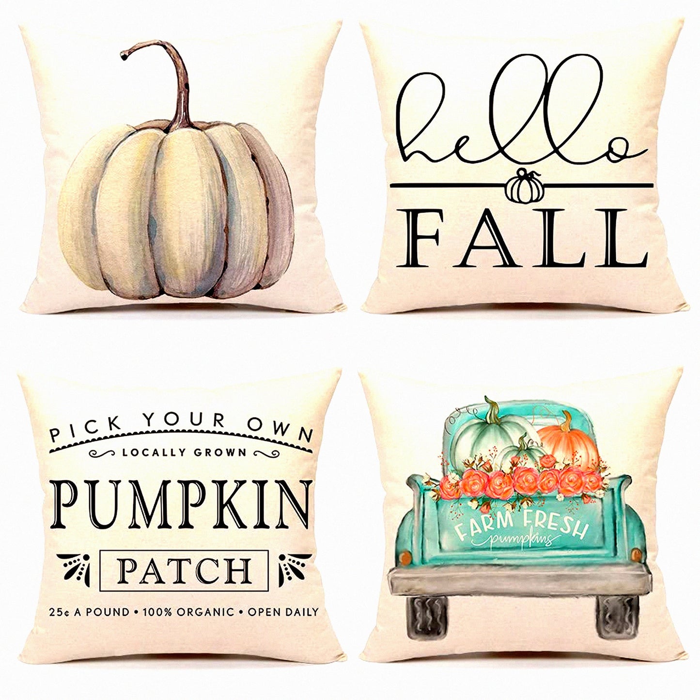 Autumn Harvest Pillow Covers Set - White Pumpkin Farmhouse Decor - Fall Thanksgiving Cushion Cases - Home Decorative Throw Pillows - 18x18 Pack