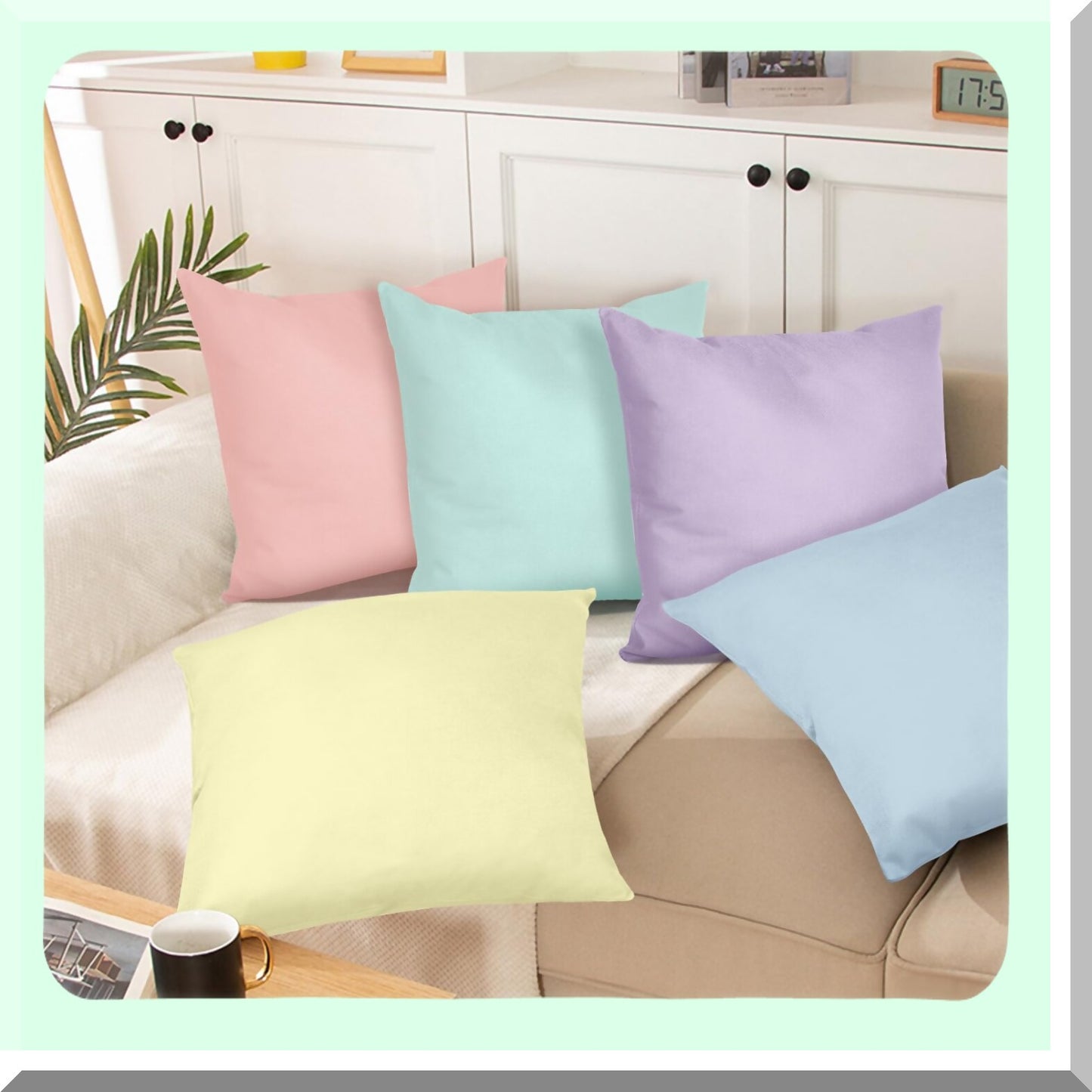 Pastel Mix Color Square Cushion Covers - Set of 8 Decorative Throw Pillow Cases for Couch Sofa Bedroom Patio Balcony. Hidden Zipper, Linen Material.