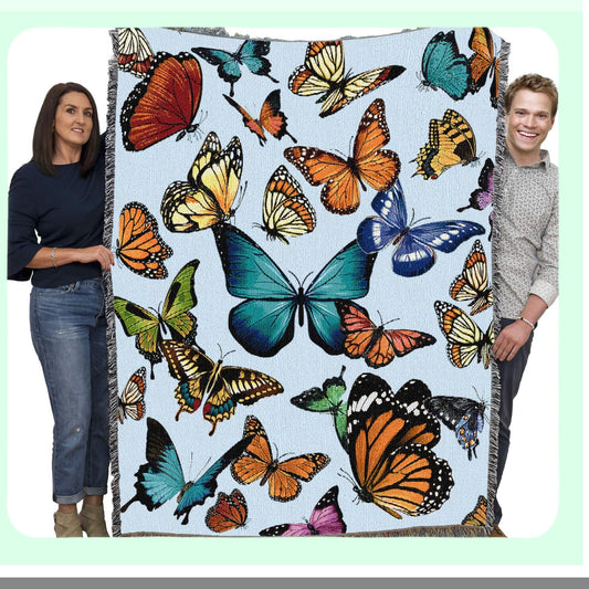 Garden Flutter Light Blue Cotton Tapestry Throw - Floral Butterfly Blanket, 72x54, Made in USA