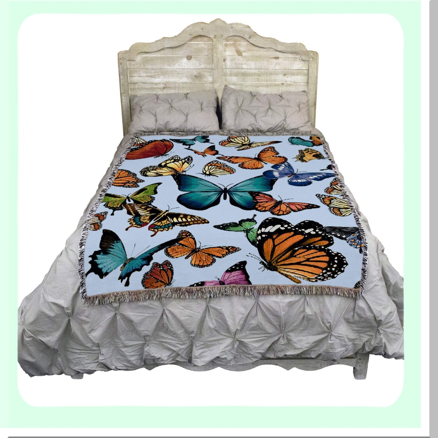Garden Flutter Light Blue Cotton Tapestry Throw - Floral Butterfly Blanket, 72x54, Made in USA