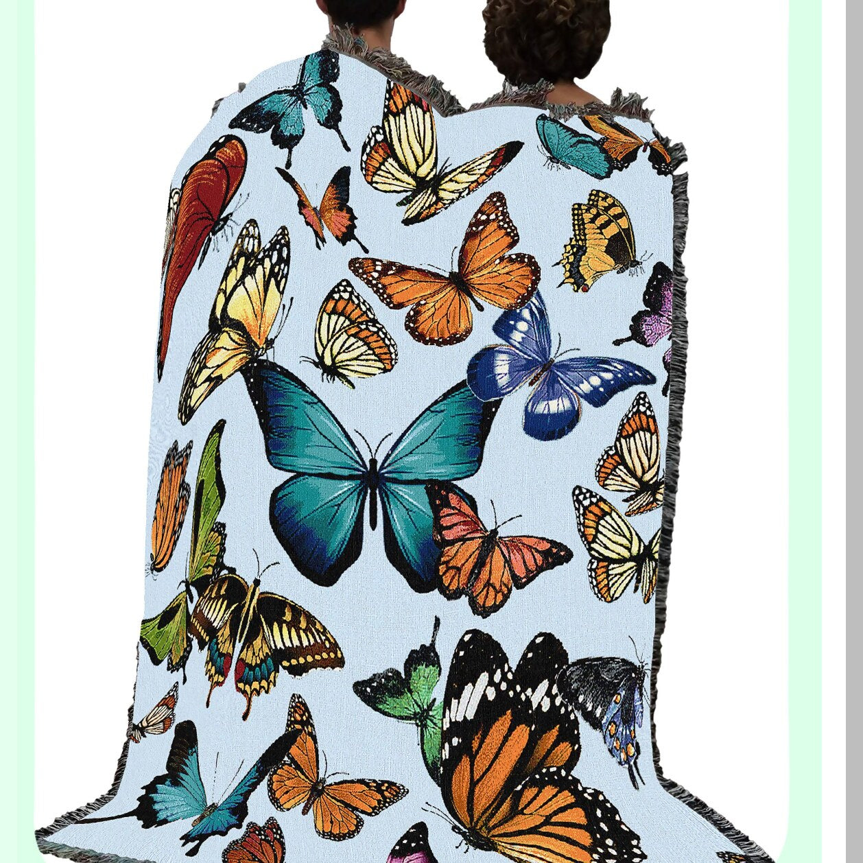 Garden Flutter Light Blue Cotton Tapestry Throw - Floral Butterfly Blanket, 72x54, Made in USA