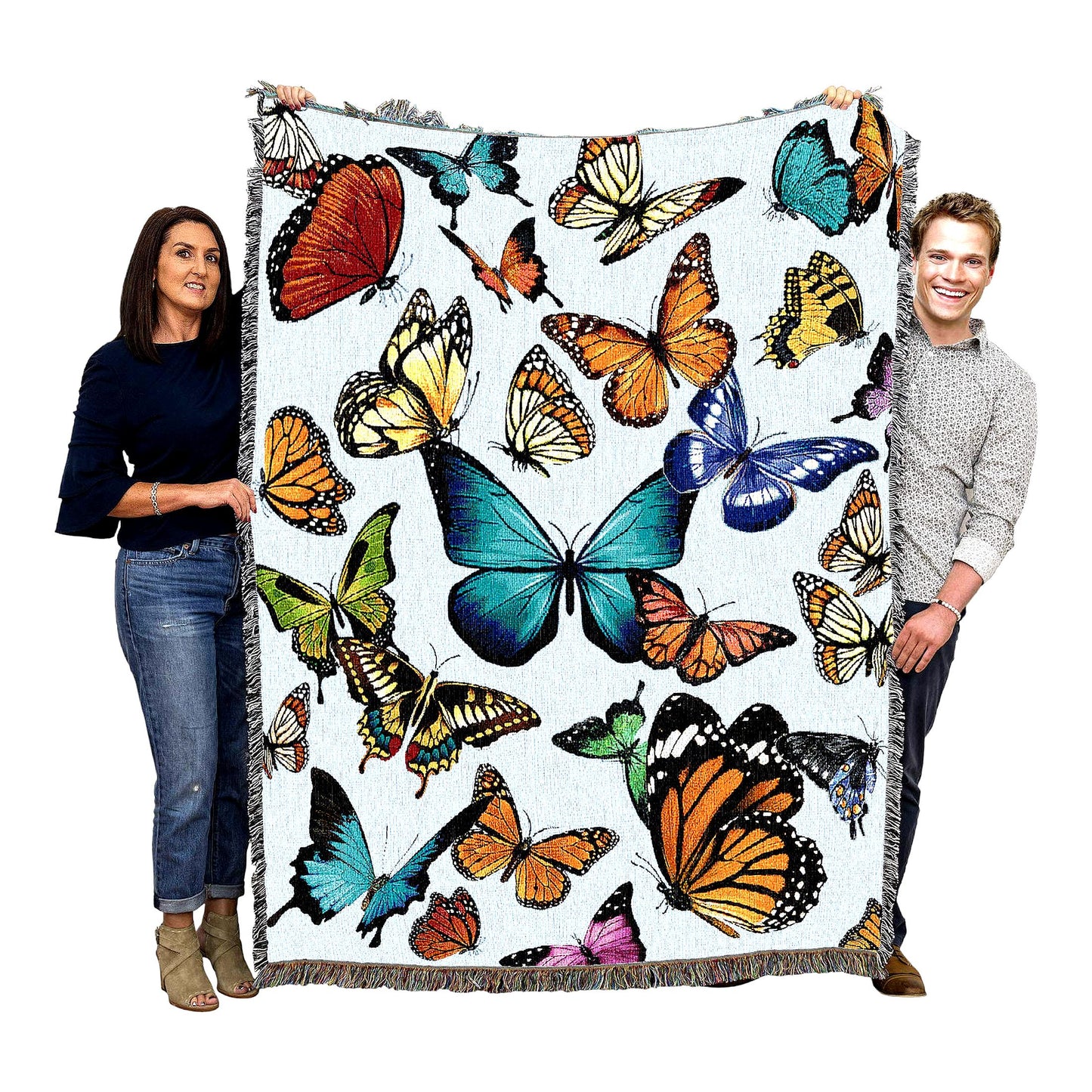 Garden Flutter Light Blue Cotton Tapestry Throw - Floral Butterfly Blanket, 72x54, Made in USA