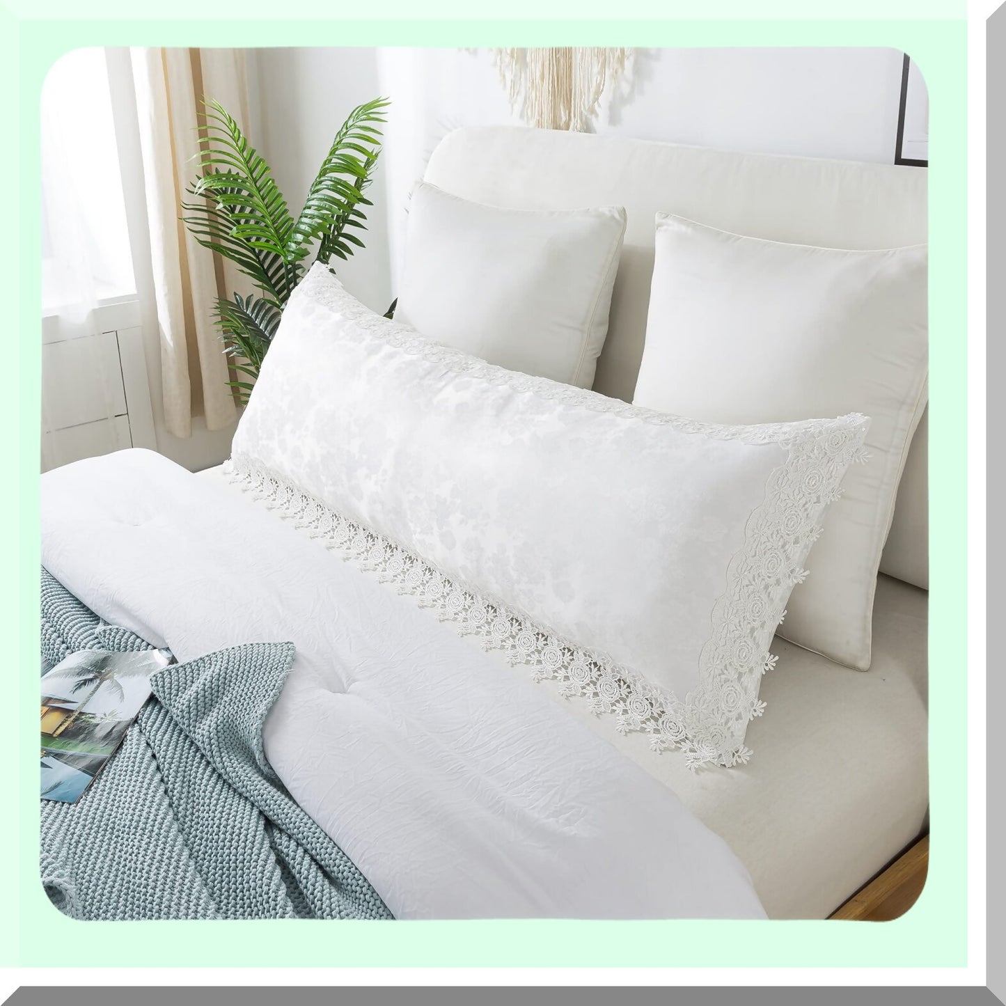 Vintage Ruffles Jacquard Body Pillow Cover - Farmhouse Style Embroidered Sham - 20x54 Inch White Pillowcase - Elegant Design, 1 Piece