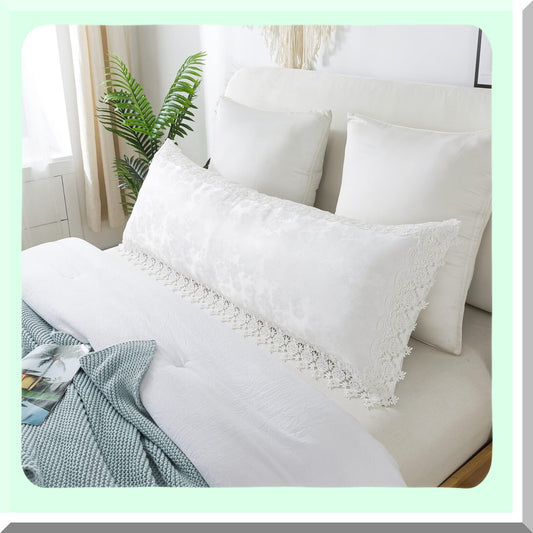 Vintage Ruffles Jacquard Body Pillow Cover - Farmhouse Style Embroidered Sham - 20x54 Inch White Pillowcase - Elegant Design, 1 Piece