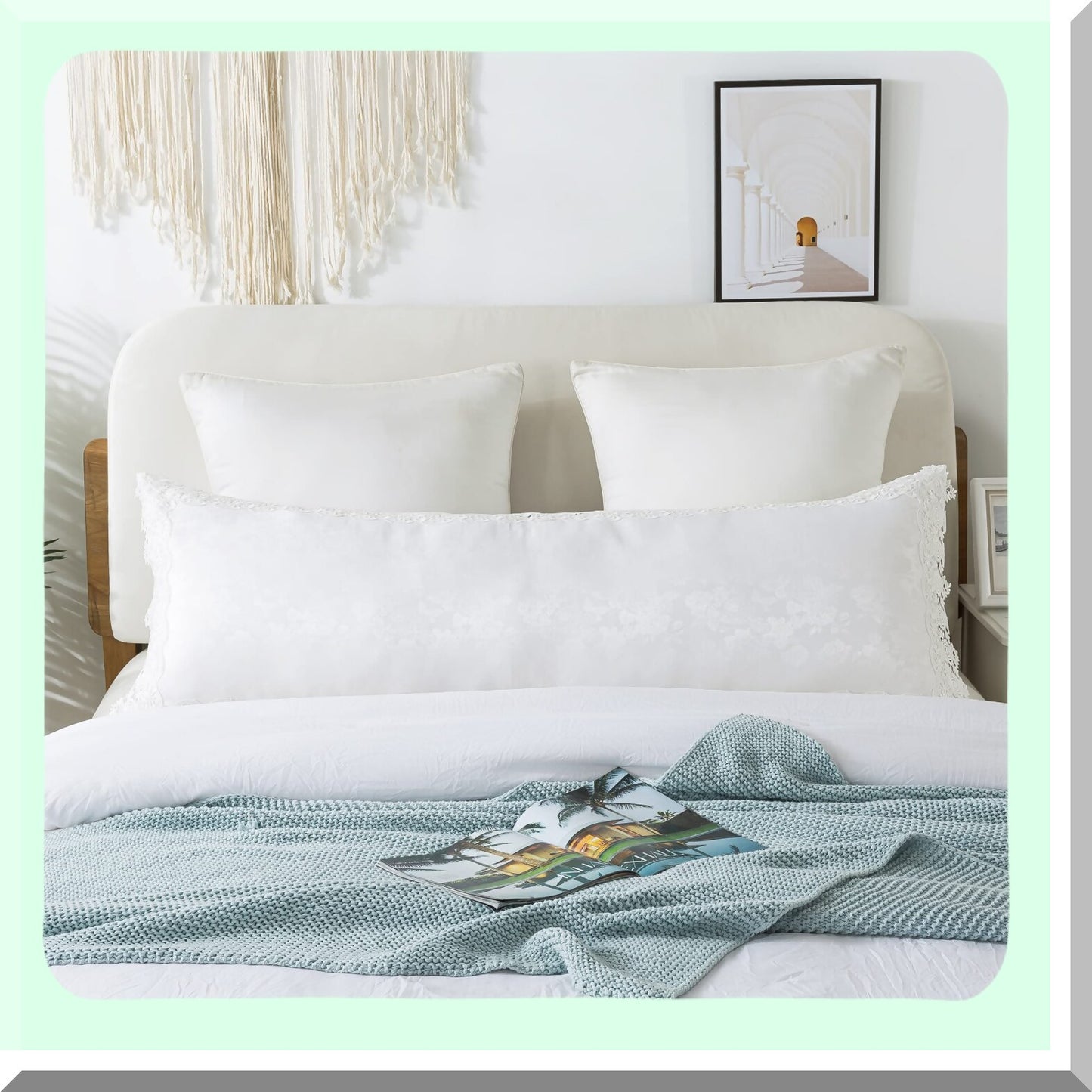 Vintage Ruffles Jacquard Body Pillow Cover - Farmhouse Style Embroidered Sham - 20x54 Inch White Pillowcase - Elegant Design, 1 Piece