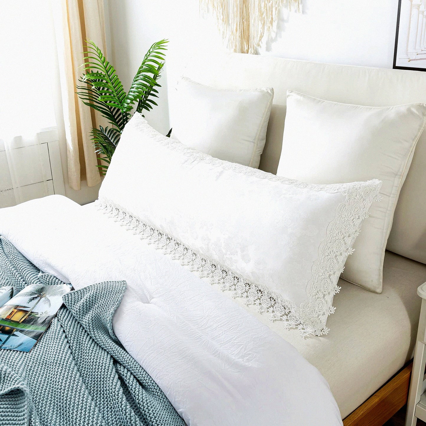 Vintage Ruffles Jacquard Body Pillow Cover - Farmhouse Style Embroidered Sham - 20x54 Inch White Pillowcase - Elegant Design, 1 Piece