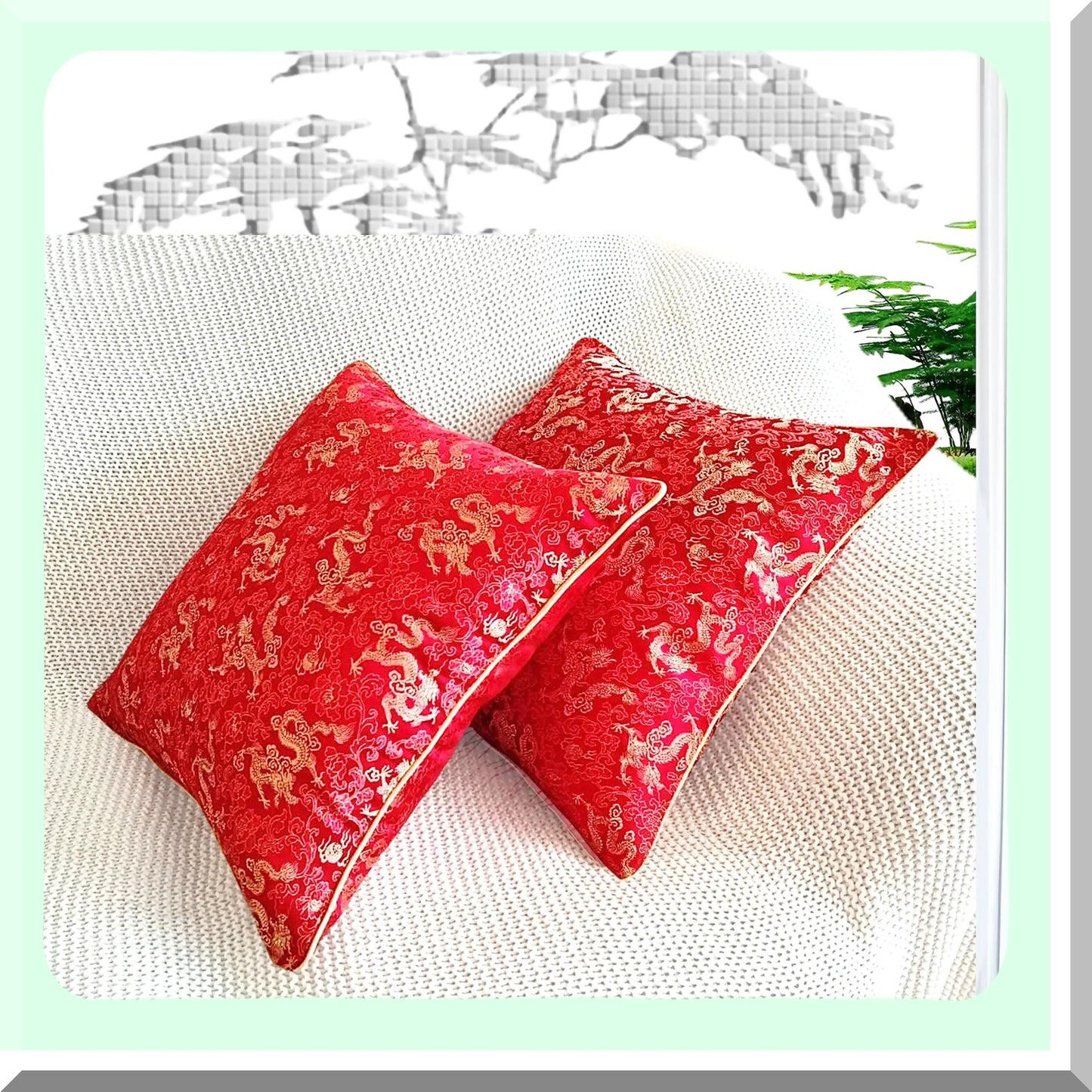 Silky Jacquard Red Gold Throw Pillow Covers - Rope Border Design - Couch Sofa Bed Decor - 18x18 Inch - No Inserts - Stylish Home Accessories