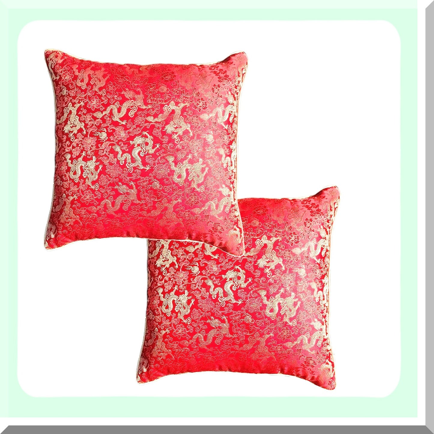 Silky Jacquard Red Gold Throw Pillow Covers - Rope Border Design - Couch Sofa Bed Decor - 18x18 Inch - No Inserts - Stylish Home Accessories