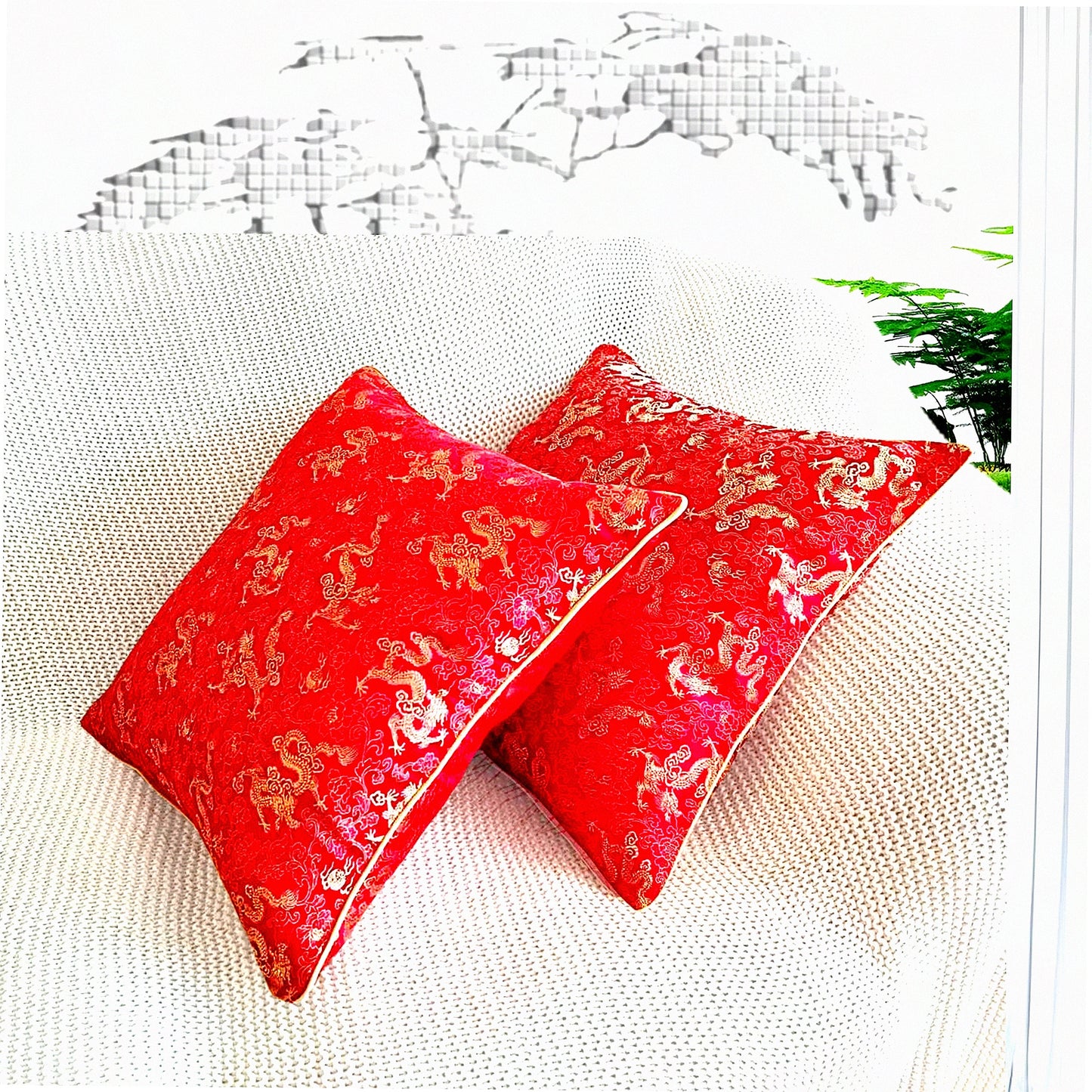 Silky Jacquard Red Gold Throw Pillow Covers - Rope Border Design - Couch Sofa Bed Decor - 18x18 Inch - No Inserts - Stylish Home Accessories
