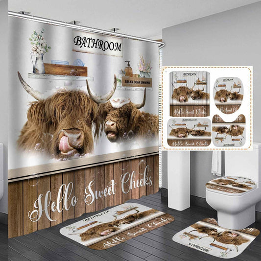 4PCS Highland Cow Shower Curtain Set with Bath Mats