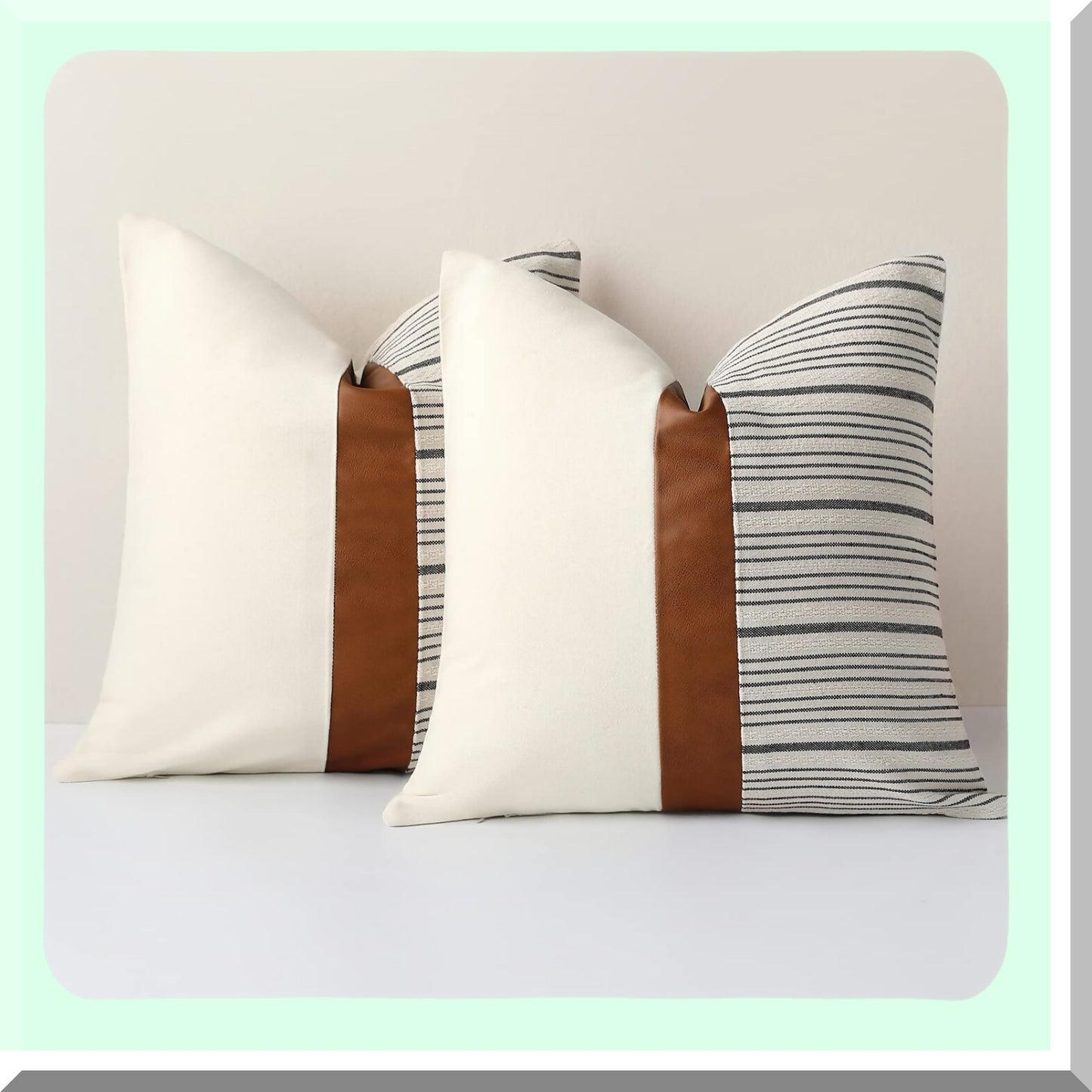Farmhouse Stripes Textured Linen Pillow Covers - Set of 2, 24 x 24 Inch Cotton Tan Leather Square Decorative Case for Sofa Couch Bedroom