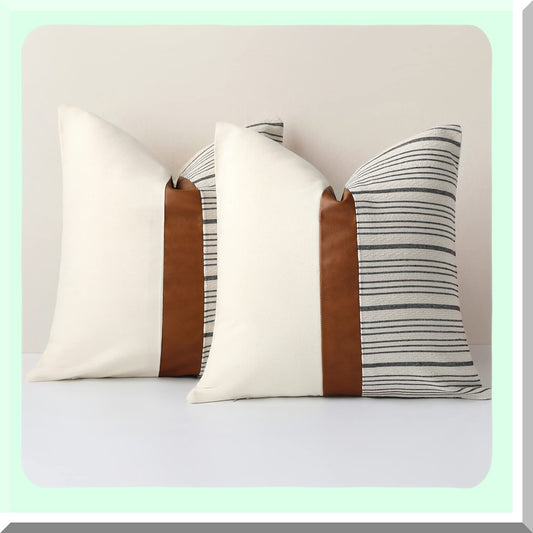 Farmhouse Stripes Textured Linen Pillow Covers - Set of 2, 24 x 24 Inch Cotton Tan Leather Square Decorative Case for Sofa Couch Bedroom
