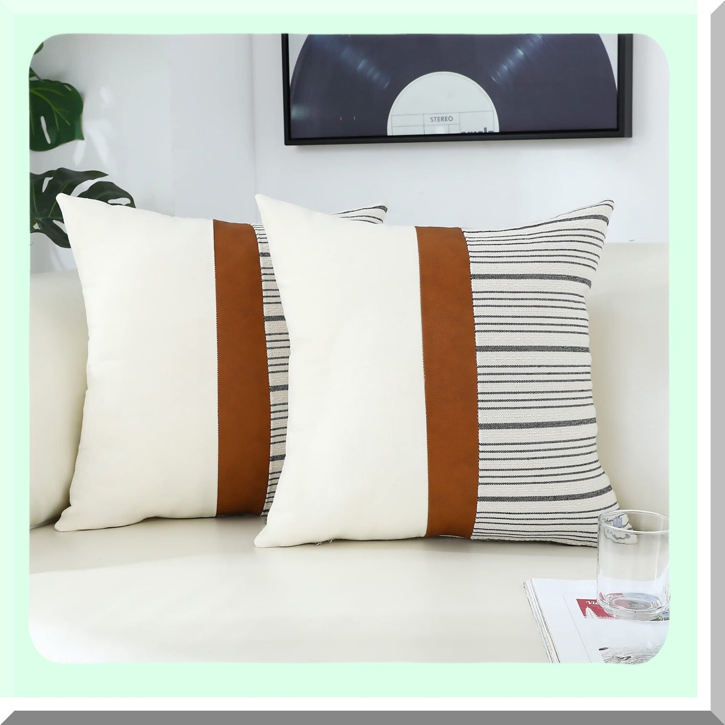 Farmhouse Stripes Textured Linen Pillow Covers - Set of 2, 24 x 24 Inch Cotton Tan Leather Square Decorative Case for Sofa Couch Bedroom