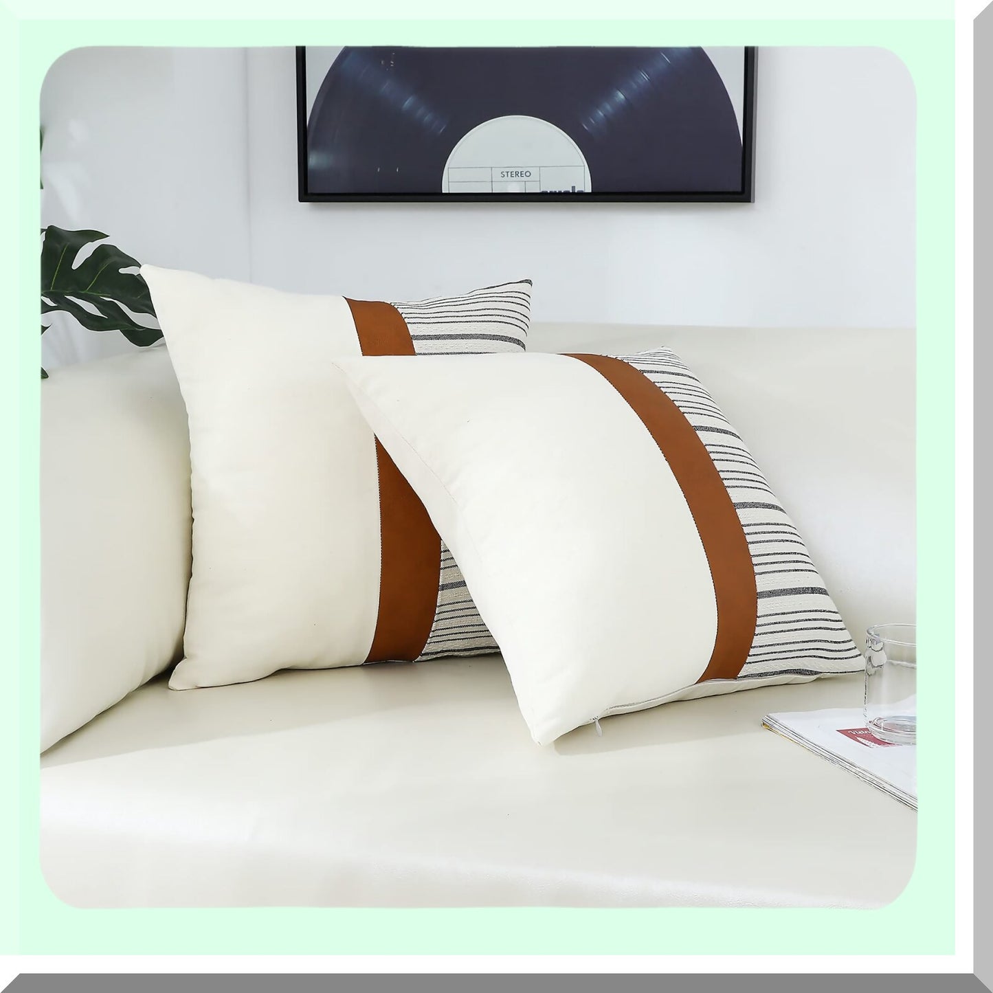 Farmhouse Stripes Textured Linen Pillow Covers - Set of 2, 24 x 24 Inch Cotton Tan Leather Square Decorative Case for Sofa Couch Bedroom