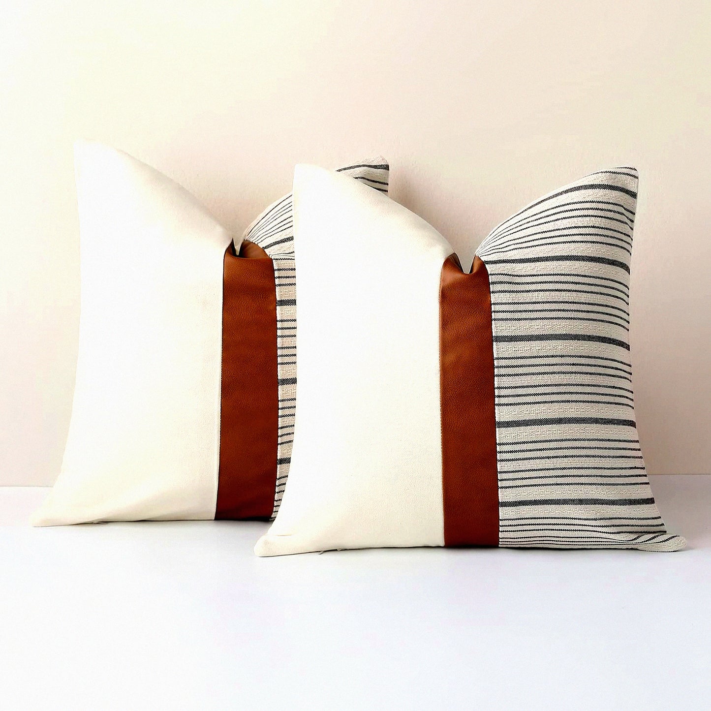 Farmhouse Stripes Textured Linen Pillow Covers - Set of 2, 24 x 24 Inch Cotton Tan Leather Square Decorative Case for Sofa Couch Bedroom