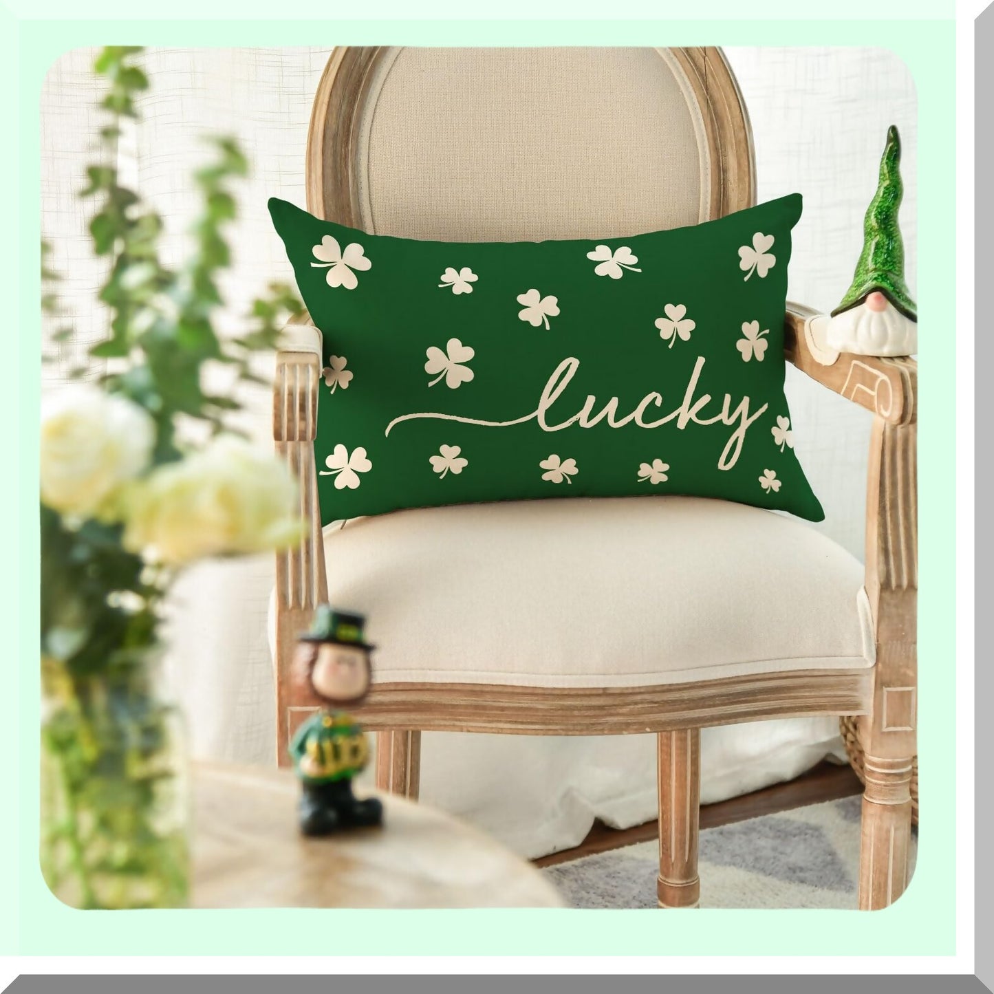 Lucky Clover Shamrock Green Throw Pillow - St. Patrick's Day Decorative Cushion Cover for Sofa Couch - 12 x 20 Inch Decoration