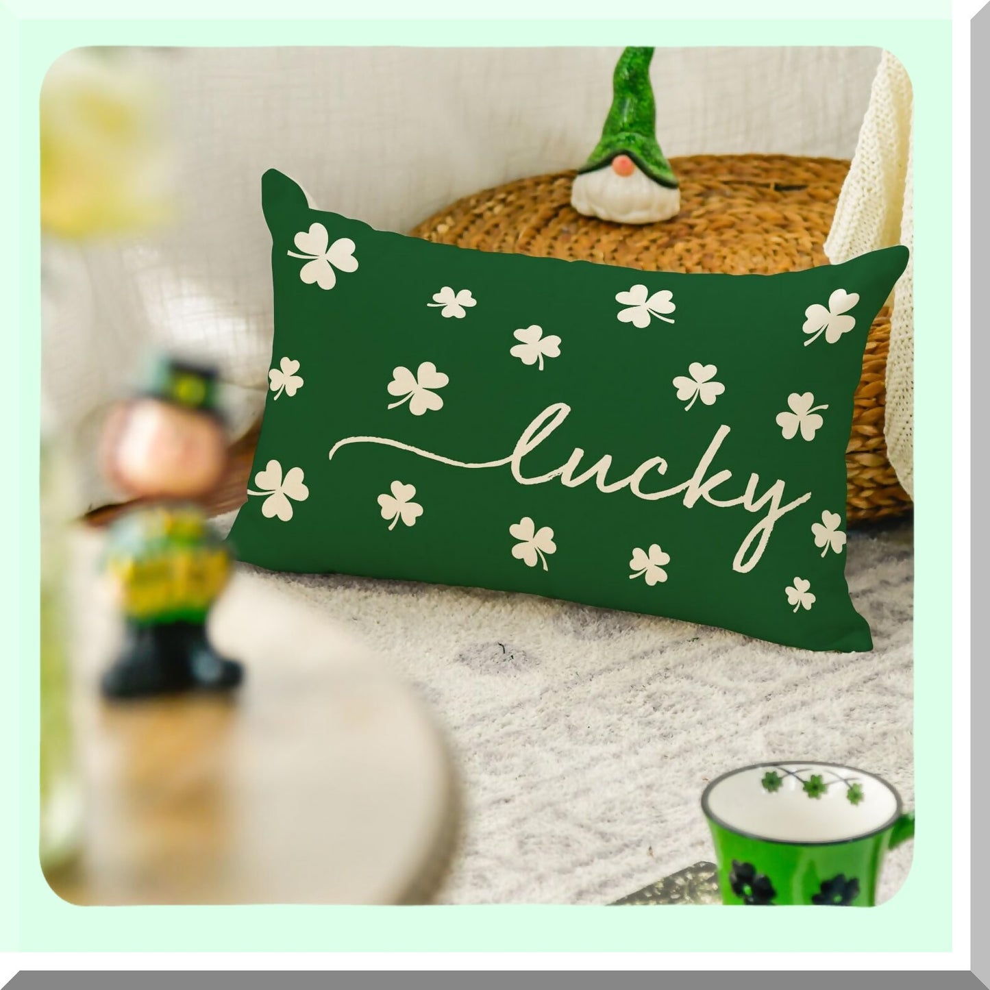 Lucky Clover Shamrock Green Throw Pillow - St. Patrick's Day Decorative Cushion Cover for Sofa Couch - 12 x 20 Inch Decoration