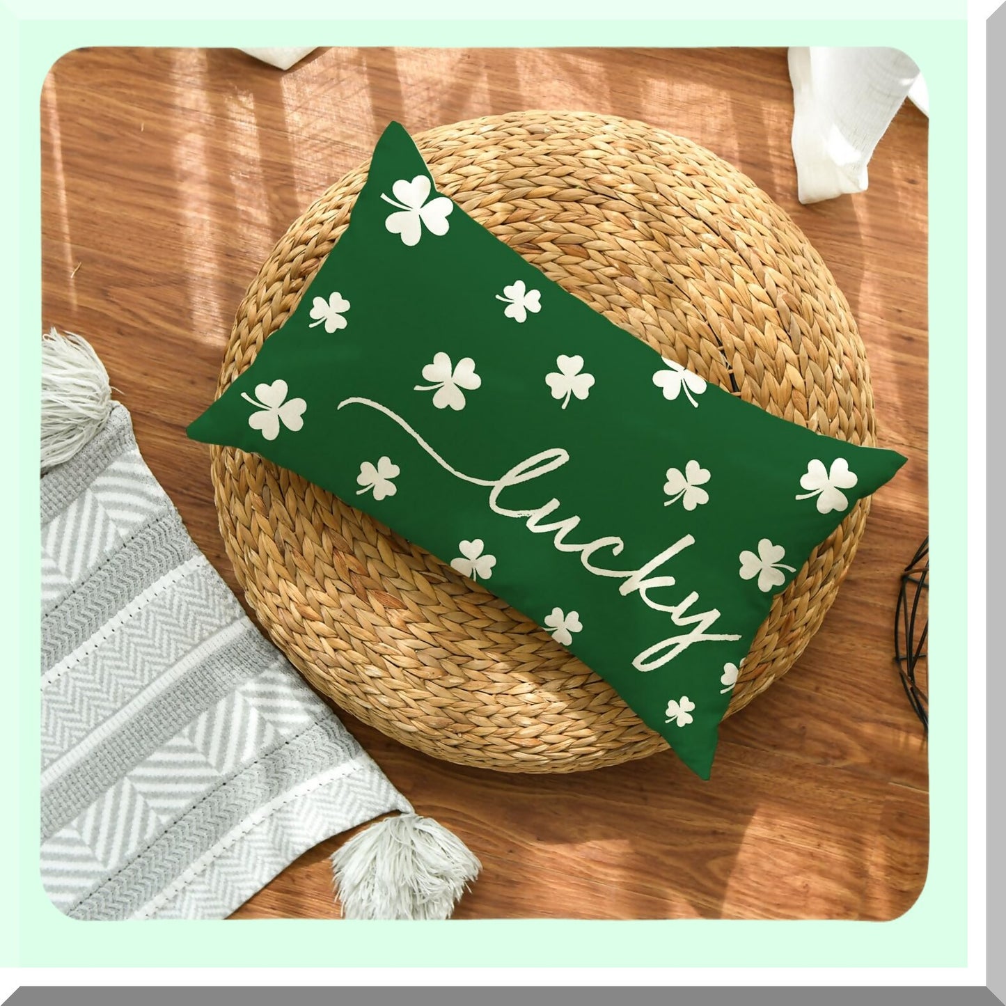 Lucky Clover Shamrock Green Throw Pillow - St. Patrick's Day Decorative Cushion Cover for Sofa Couch - 12 x 20 Inch Decoration