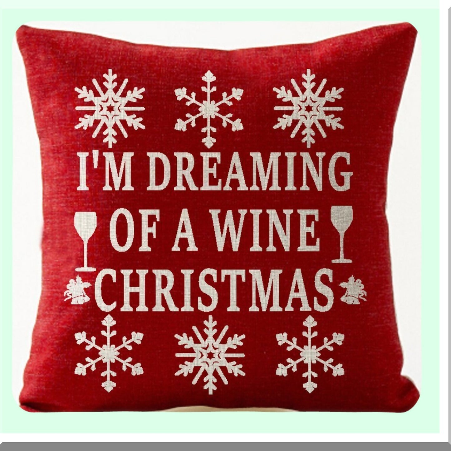 Snowflake Dream Wine Bells Beige Cotton Linen Throw Pillow Cover - Winter Greetings Decorative Square 18X18 Inches