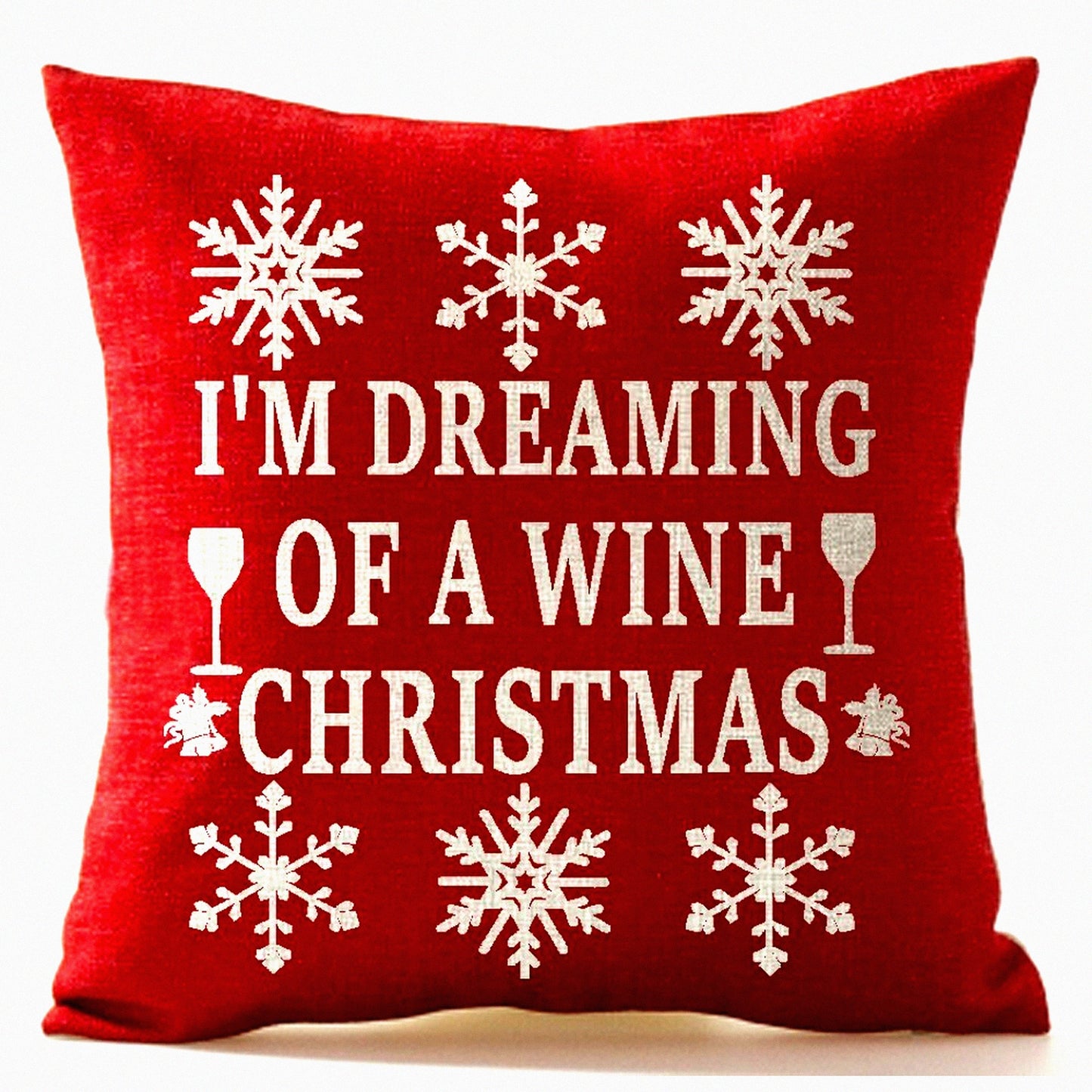 Snowflake Dream Wine Bells Beige Cotton Linen Throw Pillow Cover - Winter Greetings Decorative Square 18X18 Inches