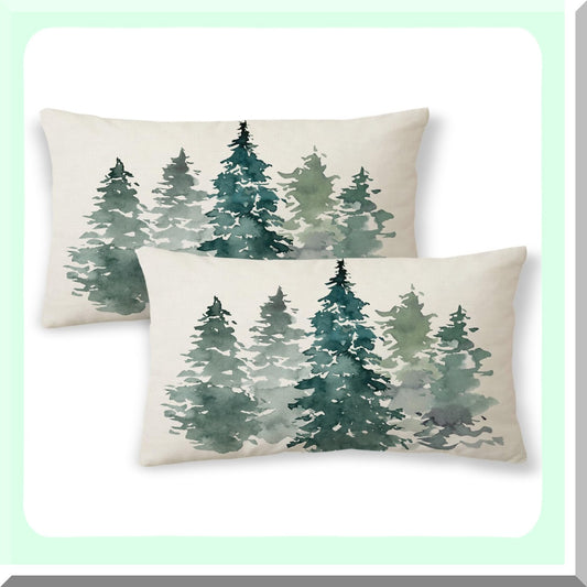 Green Forest Nature Pillow Covers - Set of 2 Rustic Watercolor Tree Throw Pillows - Farmhouse Decorative Cushion Covers for Couch, Sofa, Bed, Outdoor - Soft Linen Square Pillowcase 12x20