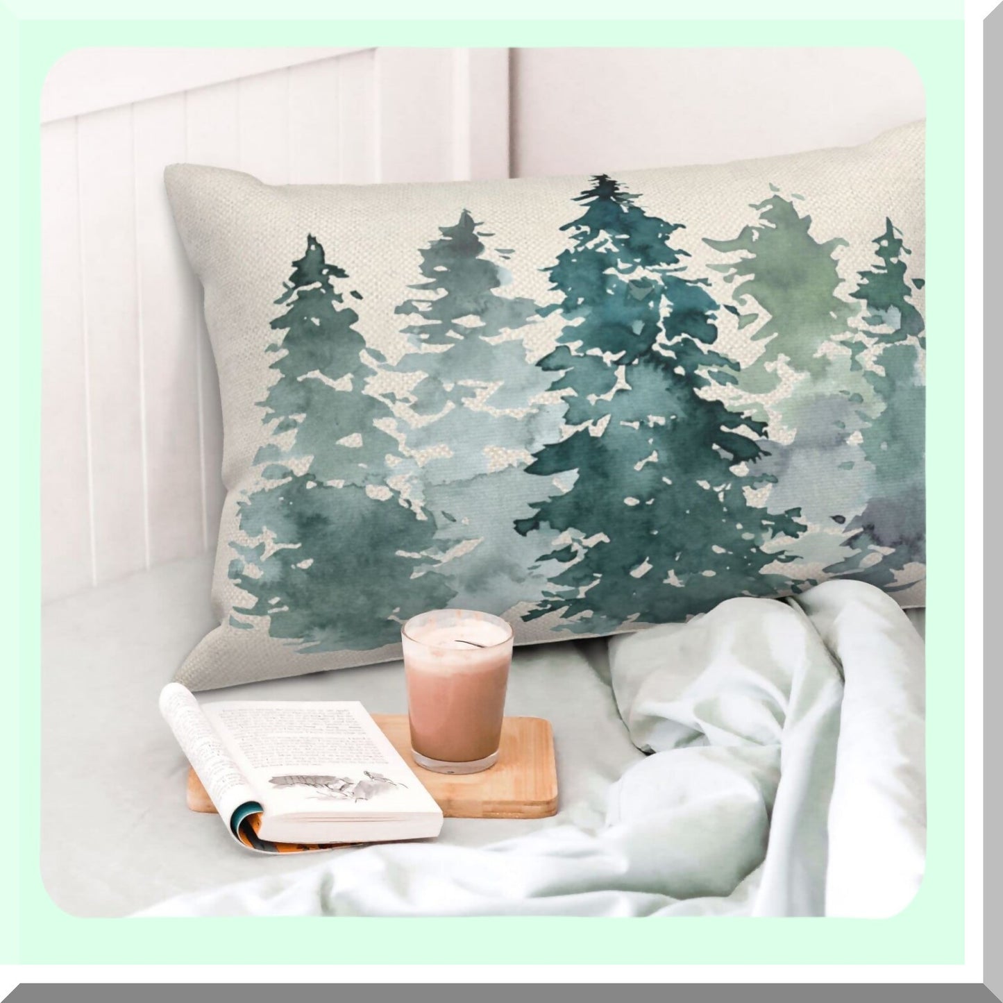 Green Forest Nature Pillow Covers - Set of 2 Rustic Watercolor Tree Throw Pillows - Farmhouse Decorative Cushion Covers for Couch, Sofa, Bed, Outdoor - Soft Linen Square Pillowcase 12x20