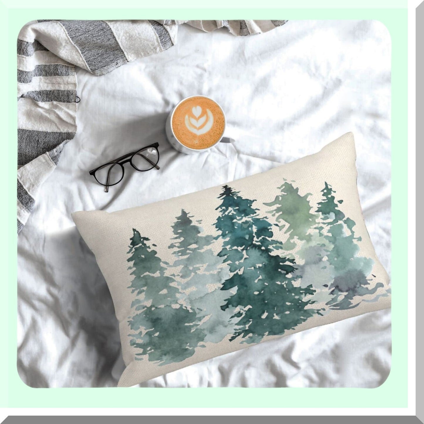 Green Forest Nature Pillow Covers - Set of 2 Rustic Watercolor Tree Throw Pillows - Farmhouse Decorative Cushion Covers for Couch, Sofa, Bed, Outdoor - Soft Linen Square Pillowcase 12x20