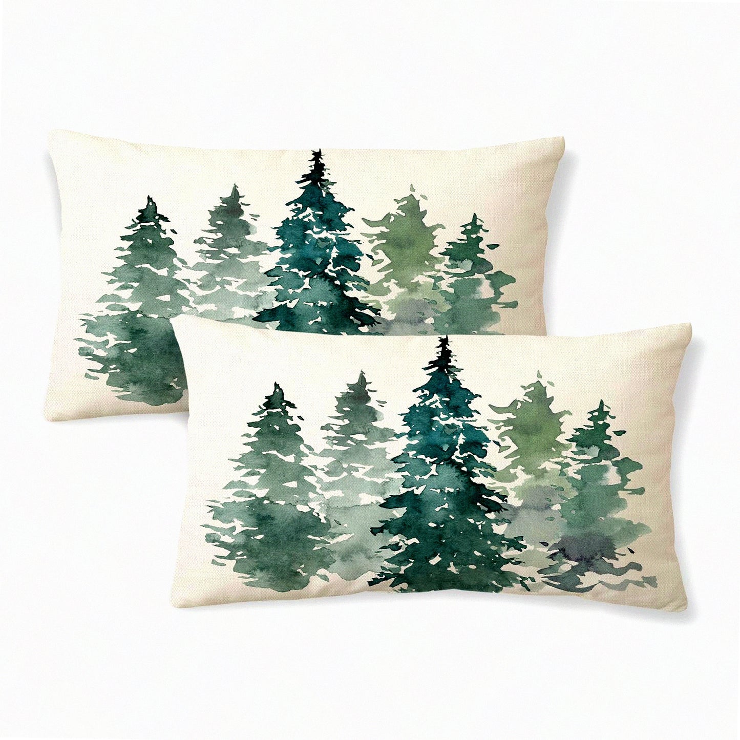 Green Forest Nature Pillow Covers - Set of 2 Rustic Watercolor Tree Throw Pillows - Farmhouse Decorative Cushion Covers for Couch, Sofa, Bed, Outdoor - Soft Linen Square Pillowcase 12x20