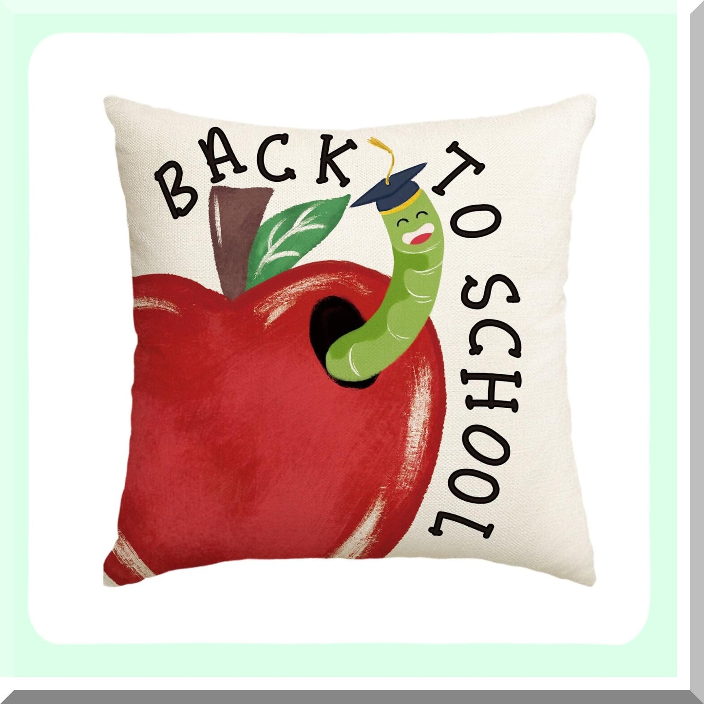 School Days Cozy Cushion Cover - 18x18 Inch Apple Bookwarm Design for Sofa & Couch Decor - Back to School First Day of School Theme