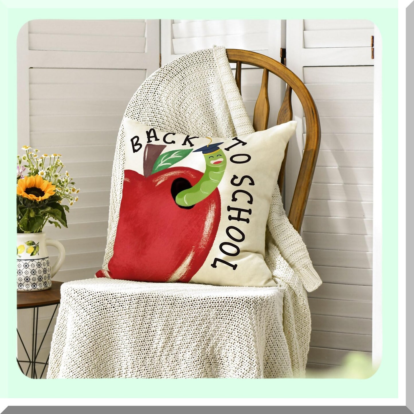 School Days Cozy Cushion Cover - 18x18 Inch Apple Bookwarm Design for Sofa & Couch Decor - Back to School First Day of School Theme