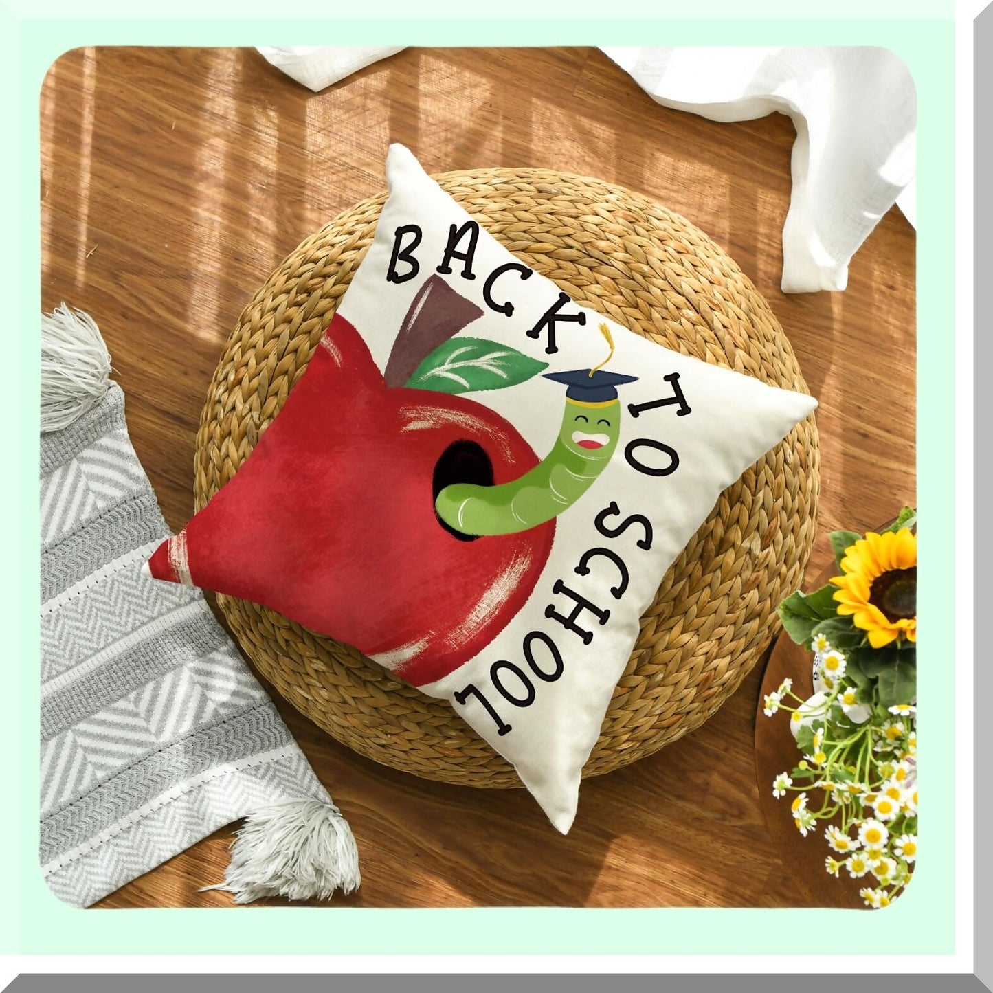 School Days Cozy Cushion Cover - 18x18 Inch Apple Bookwarm Design for Sofa & Couch Decor - Back to School First Day of School Theme