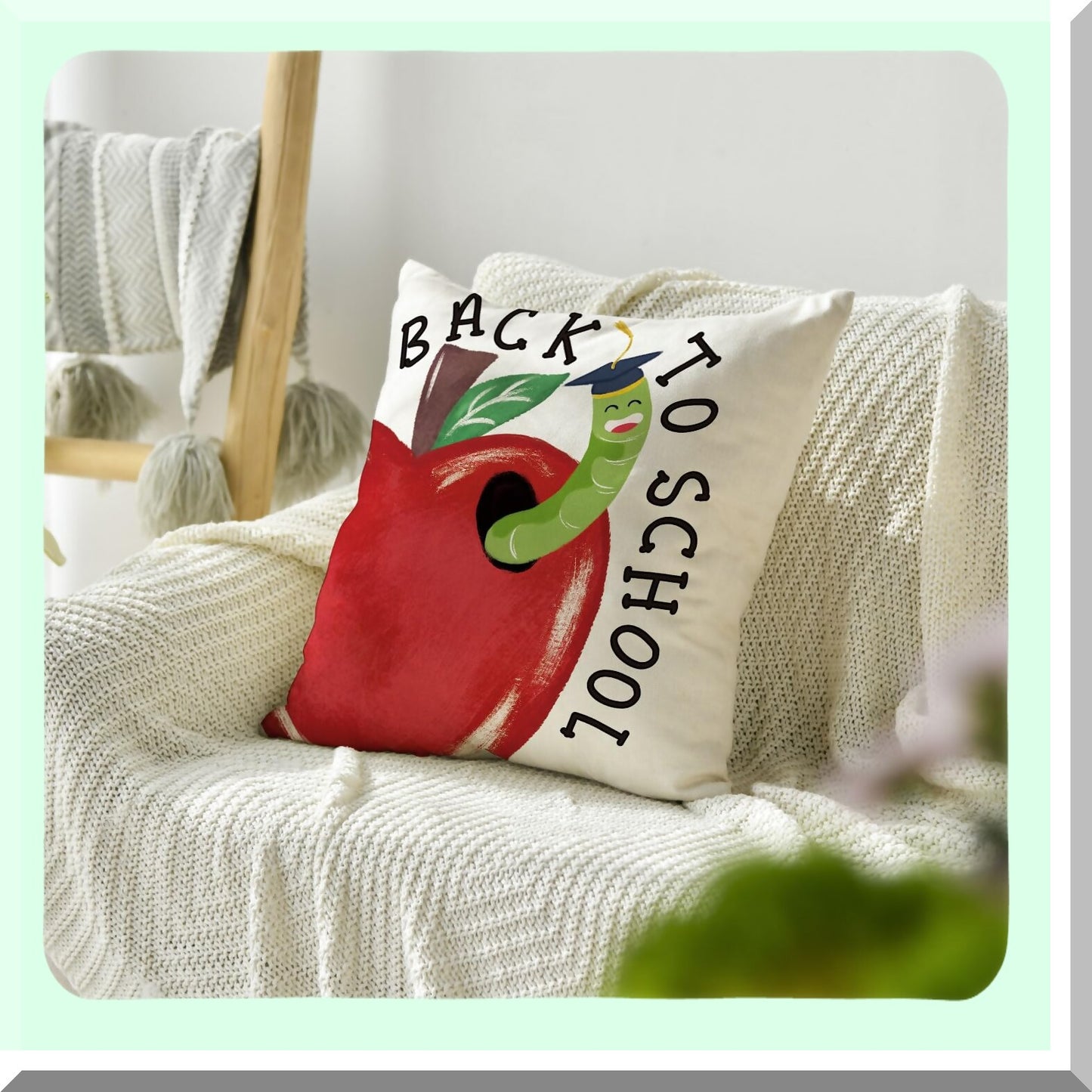 School Days Cozy Cushion Cover - 18x18 Inch Apple Bookwarm Design for Sofa & Couch Decor - Back to School First Day of School Theme