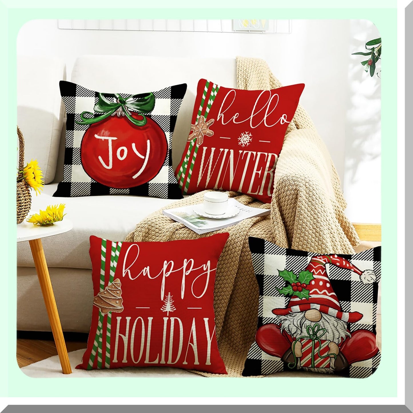 Winter Farmhouse Buffalo Plaid Pillow Covers Set - Red & Black Xmas Holiday Throw Cushion Decoration for Sofa - 18x18 Inch Pack of 4