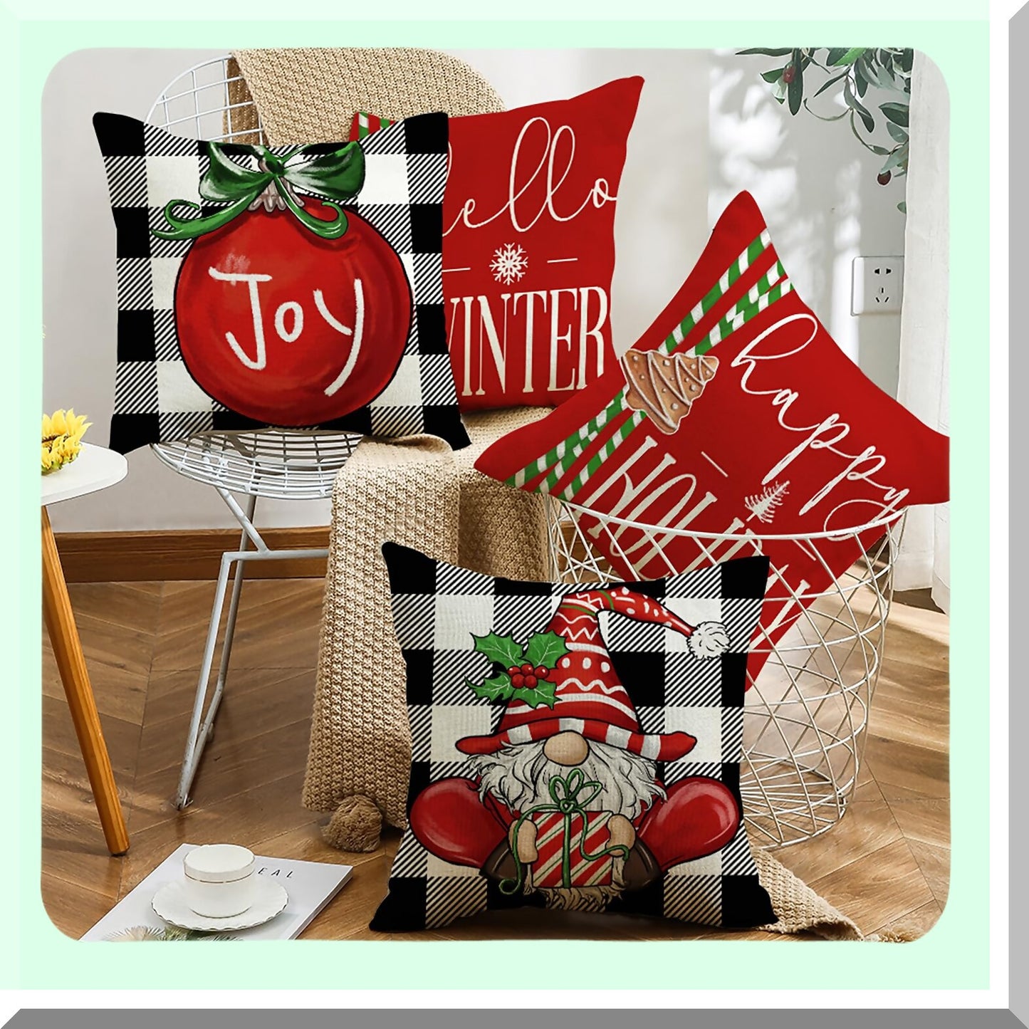 Winter Farmhouse Buffalo Plaid Pillow Covers Set - Red & Black Xmas Holiday Throw Cushion Decoration for Sofa - 18x18 Inch Pack of 4