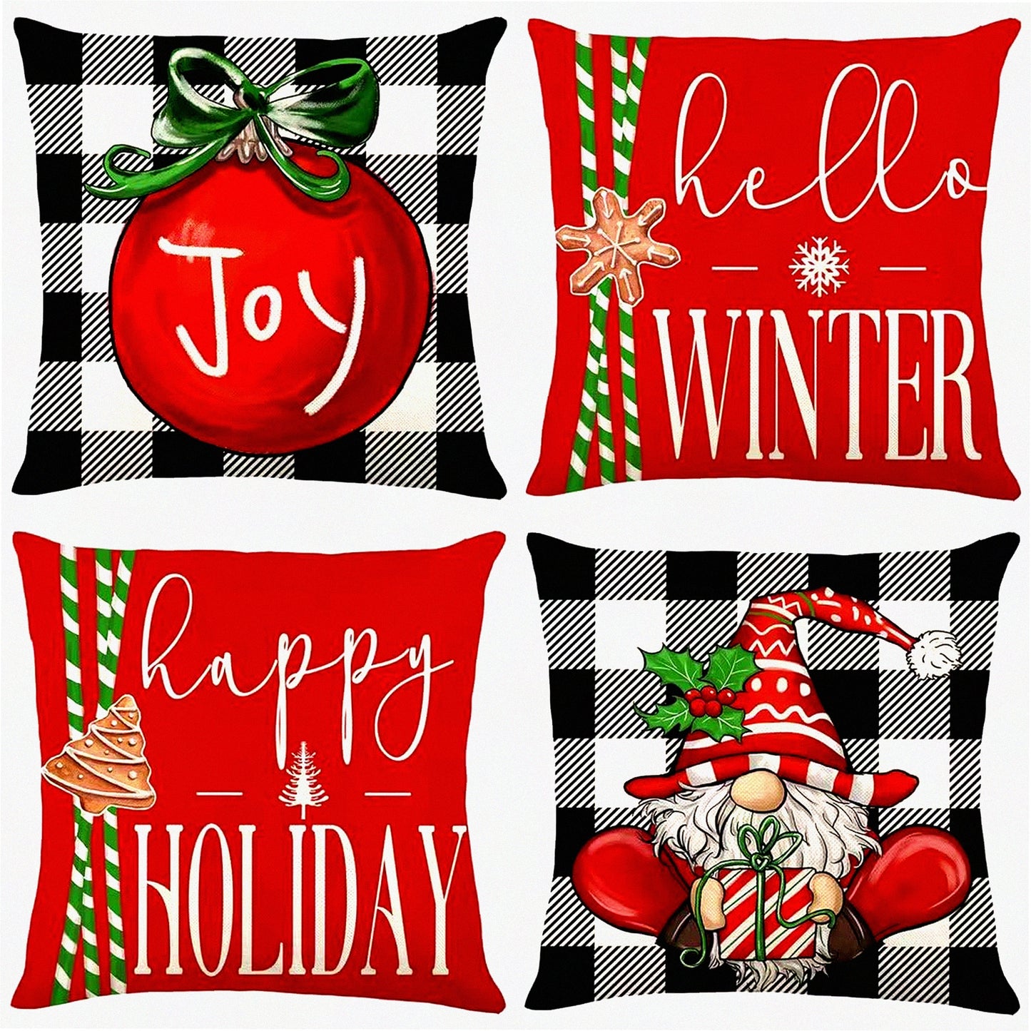 Winter Farmhouse Buffalo Plaid Pillow Covers Set - Red & Black Xmas Holiday Throw Cushion Decoration for Sofa - 18x18 Inch Pack of 4