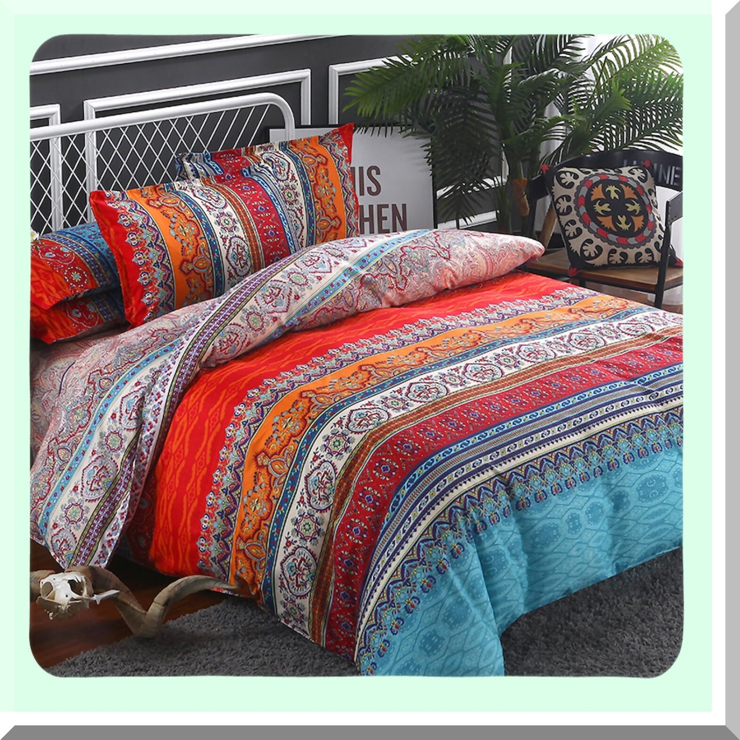 Boho Chic Stripe Comforter Set - Queen Size 3 Piece Geometric Bedding - Soft Breathable Reversible Microfiber with 2 Pillowcases - Hippie Bohemian Theme