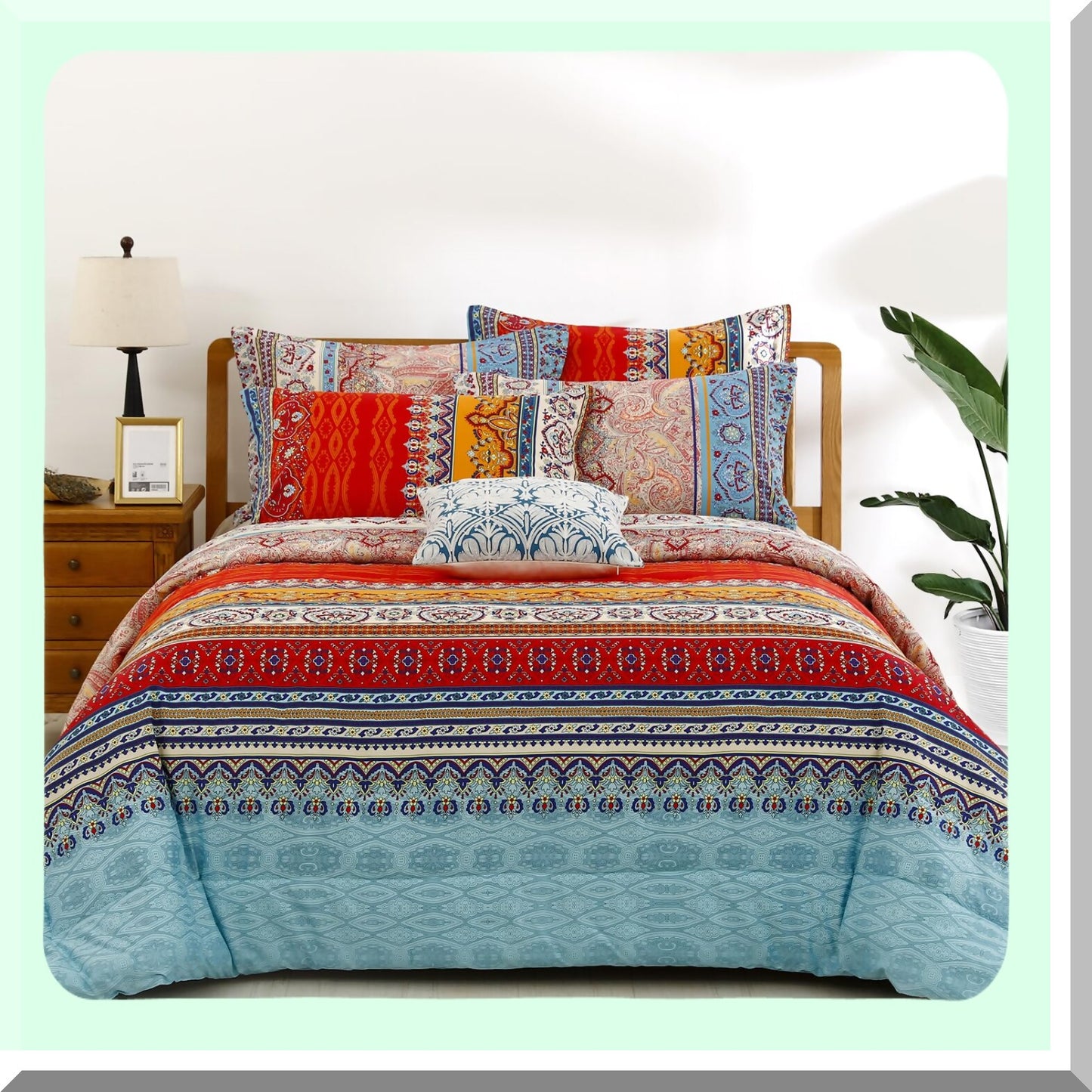 Boho Chic Stripe Comforter Set - Queen Size 3 Piece Geometric Bedding - Soft Breathable Reversible Microfiber with 2 Pillowcases - Hippie Bohemian Theme