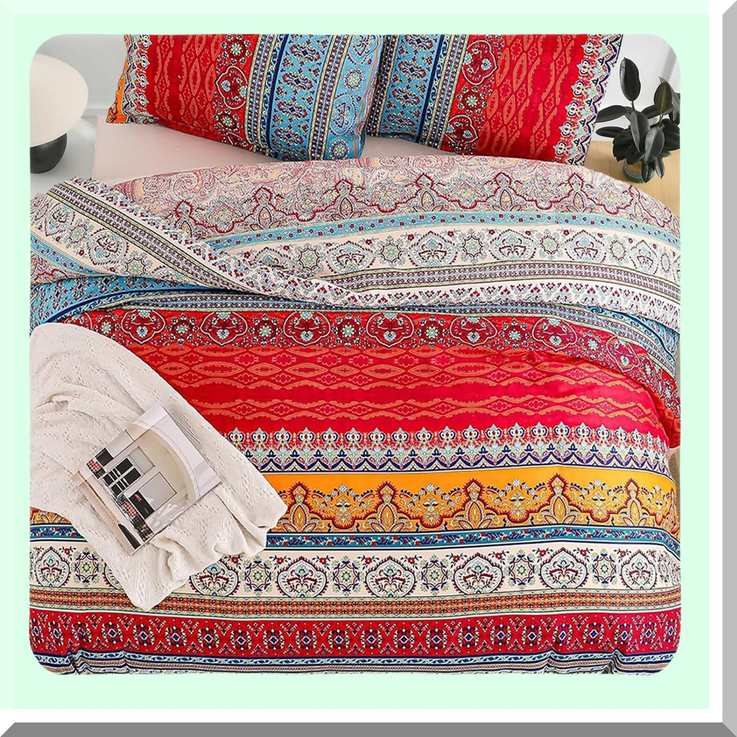 Boho Chic Stripe Comforter Set - Queen Size 3 Piece Geometric Bedding - Soft Breathable Reversible Microfiber with 2 Pillowcases - Hippie Bohemian Theme