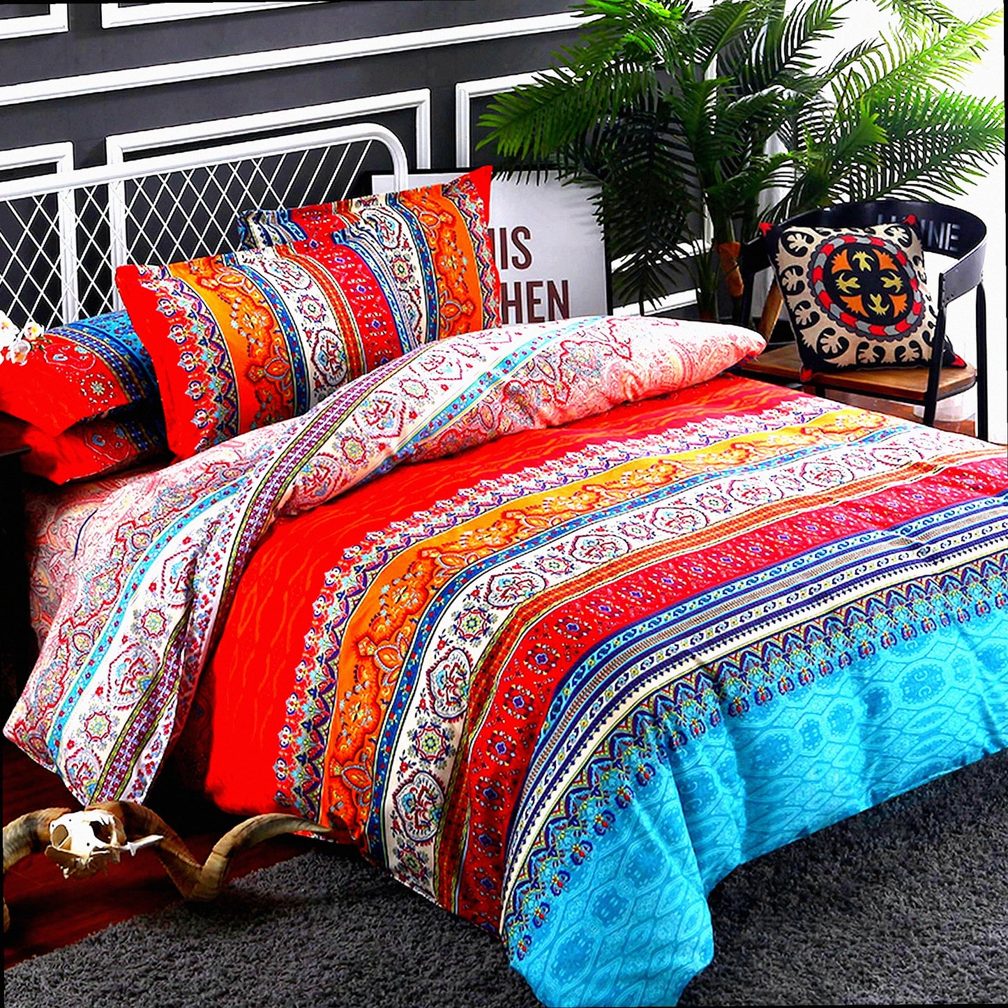 Boho Chic Stripe Comforter Set - Queen Size 3 Piece Geometric Bedding - Soft Breathable Reversible Microfiber with 2 Pillowcases - Hippie Bohemian Theme